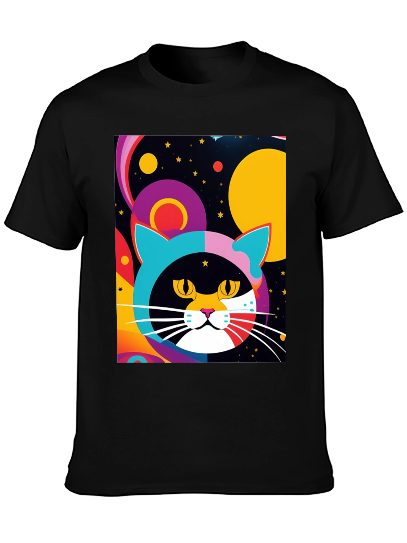 Black Psychedelic Cat T-Shirt - Colorful Retro Design view 3
