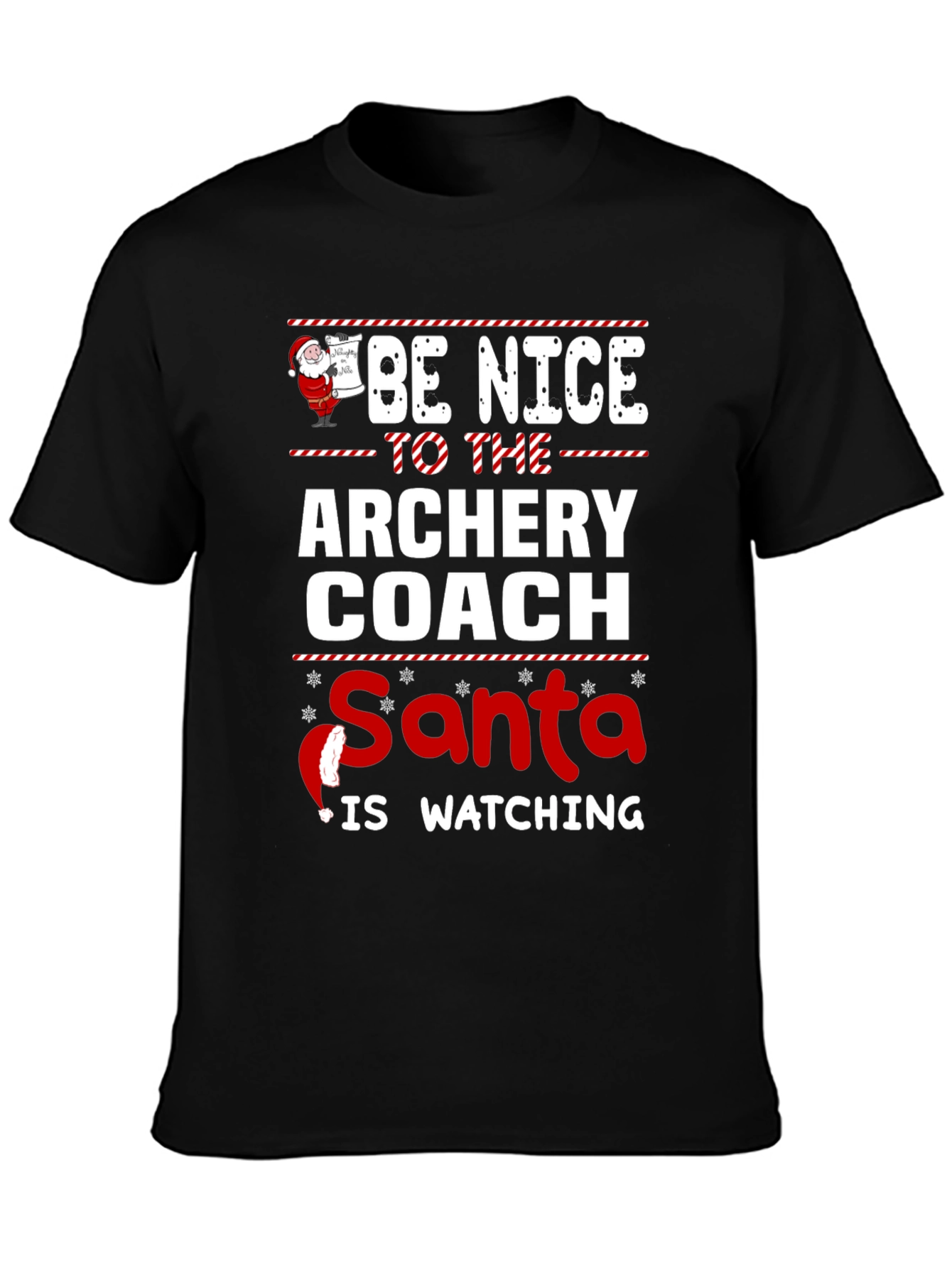 Black Archery Coach Santa T-Shirt - Be Nice Holiday Tee view 3