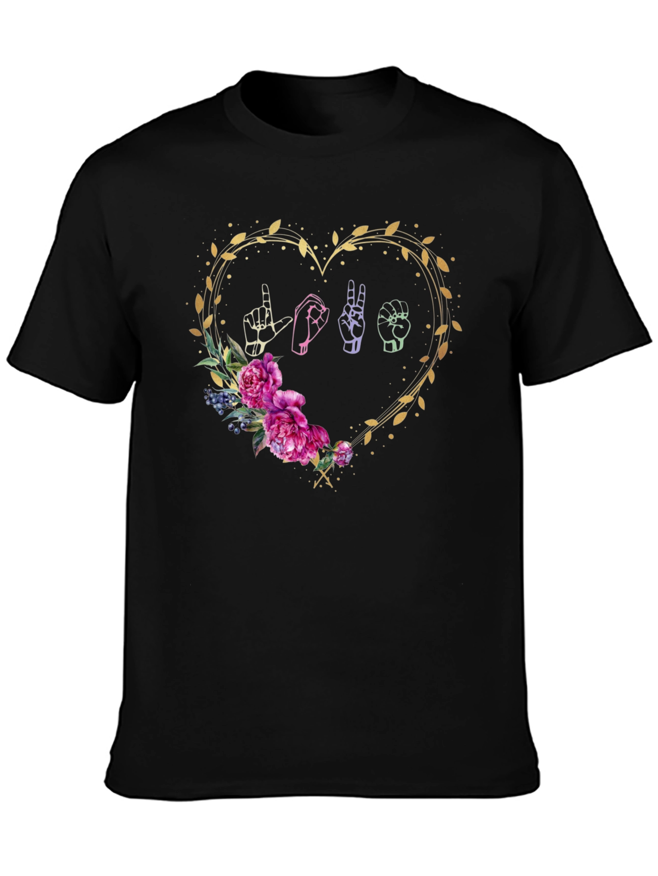 Black Love Sign Language Floral Heart T-Shirt view 3