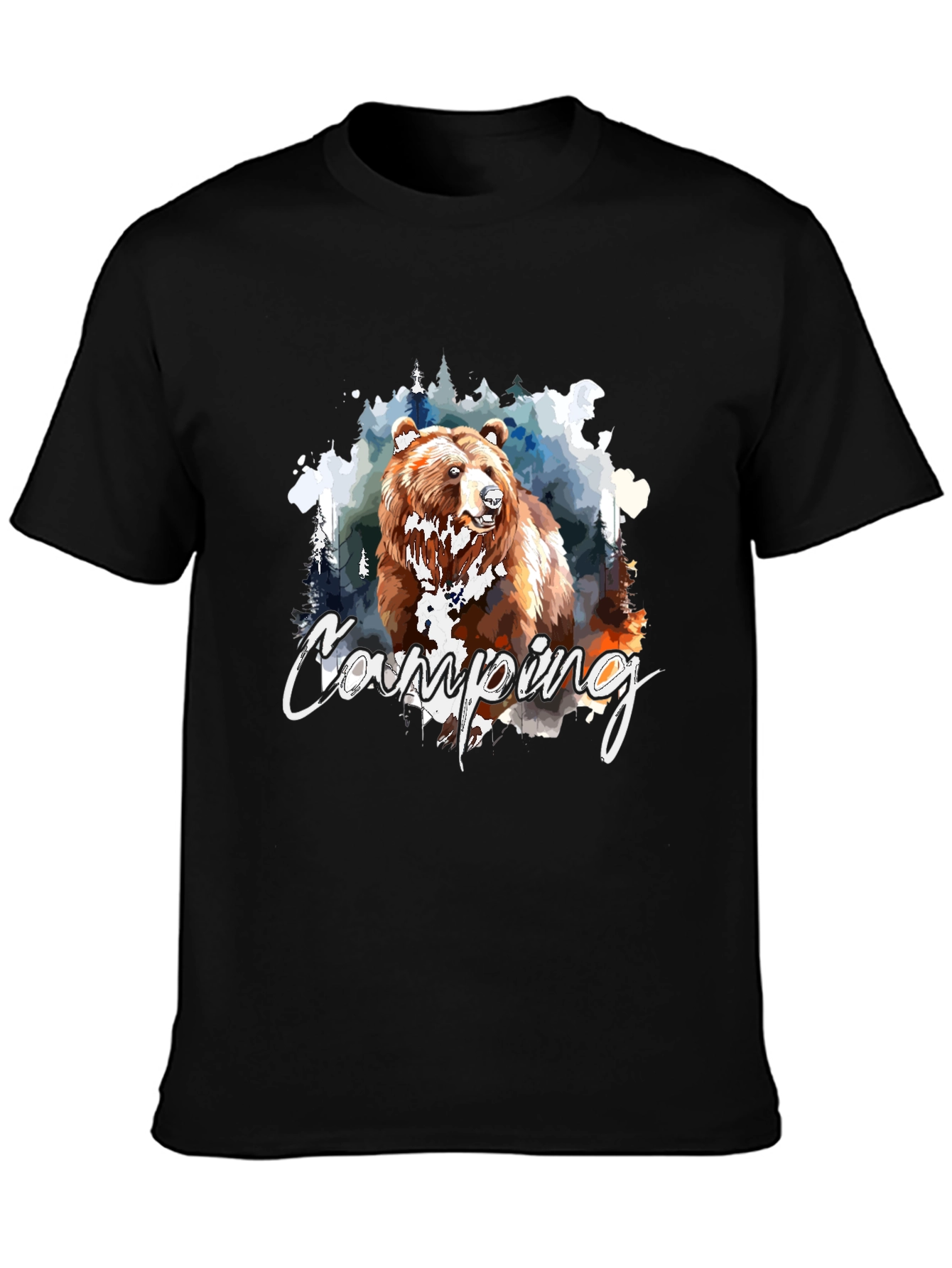 Black Camping Bear Graphic Black T-Shirt view 3