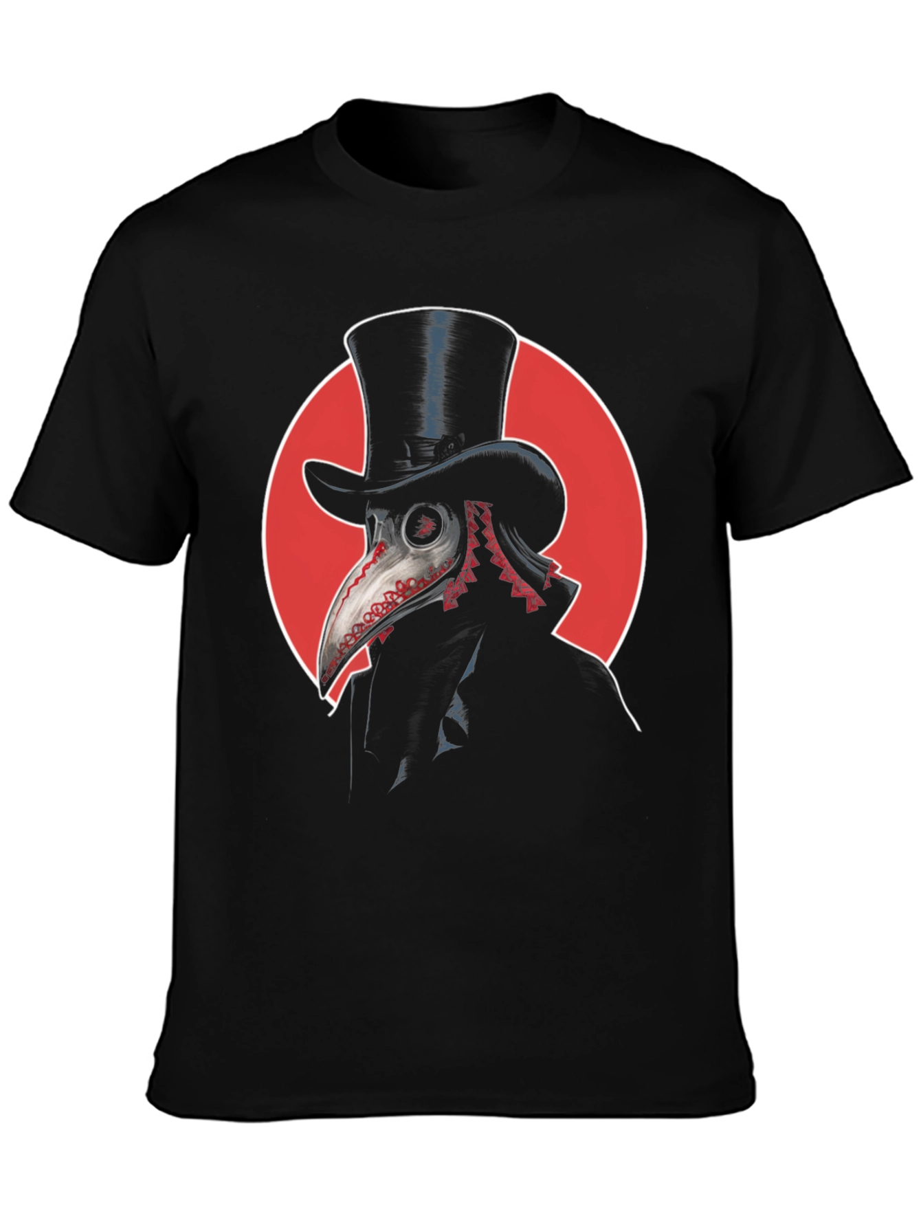 Black Plague Doctor Graphic Tee - Top Hat & Red Circle Design view 3