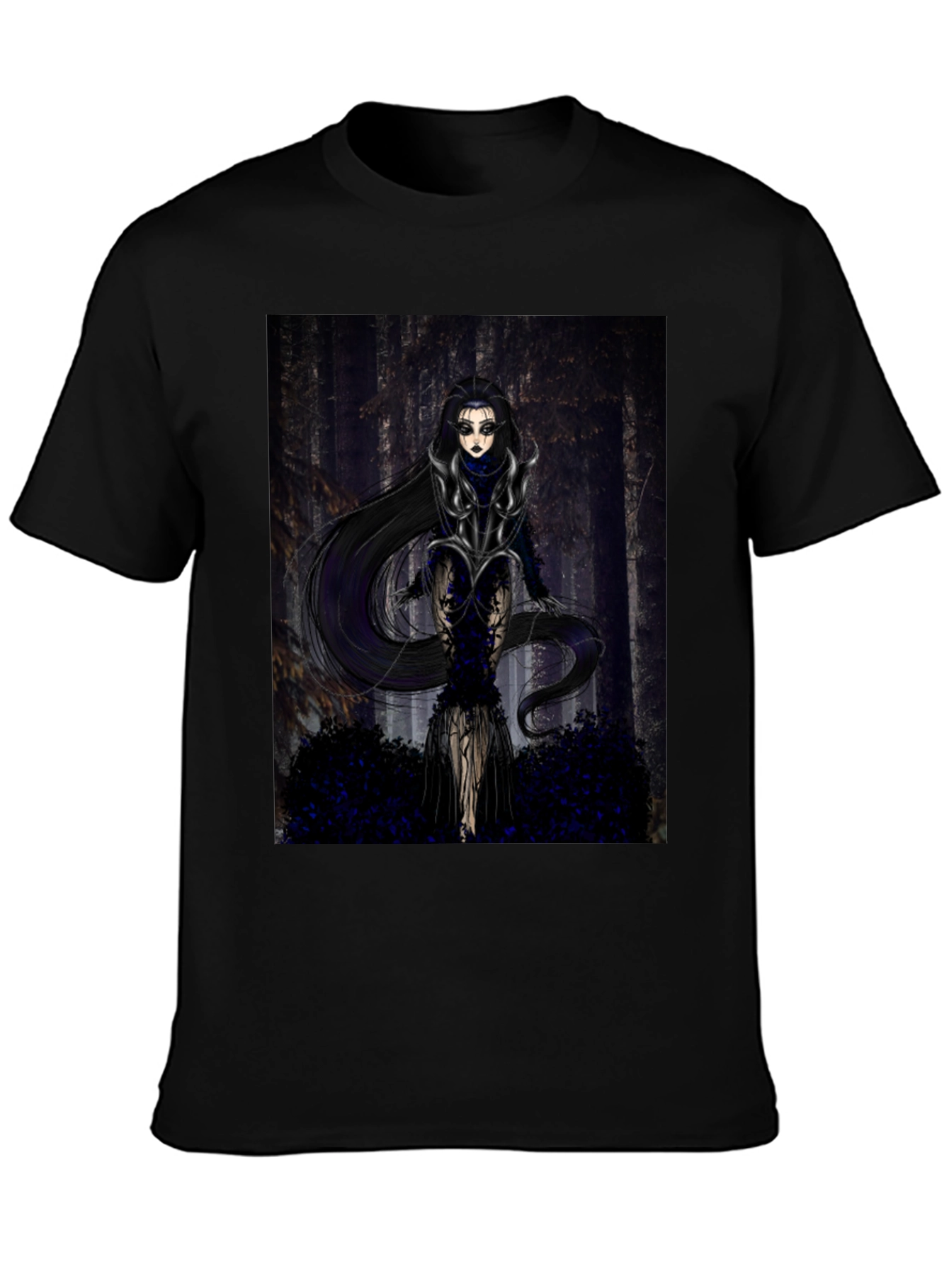 Black Gothic Forest Woman Graphic Print T-Shirt view 3