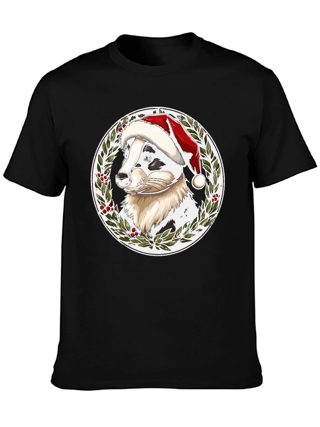 Black Festive Dog Santa Hat T-Shirt view 3