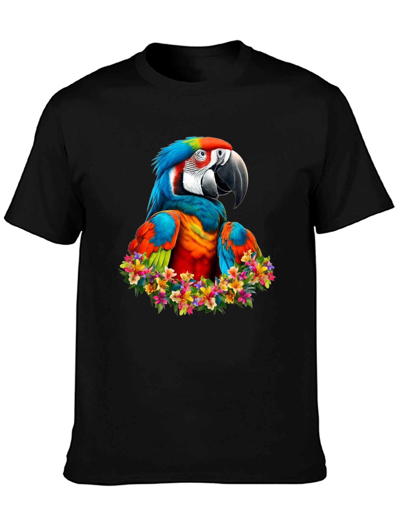 Black Macaw Parrot Floral Wreath Graphic T-Shirt view 3