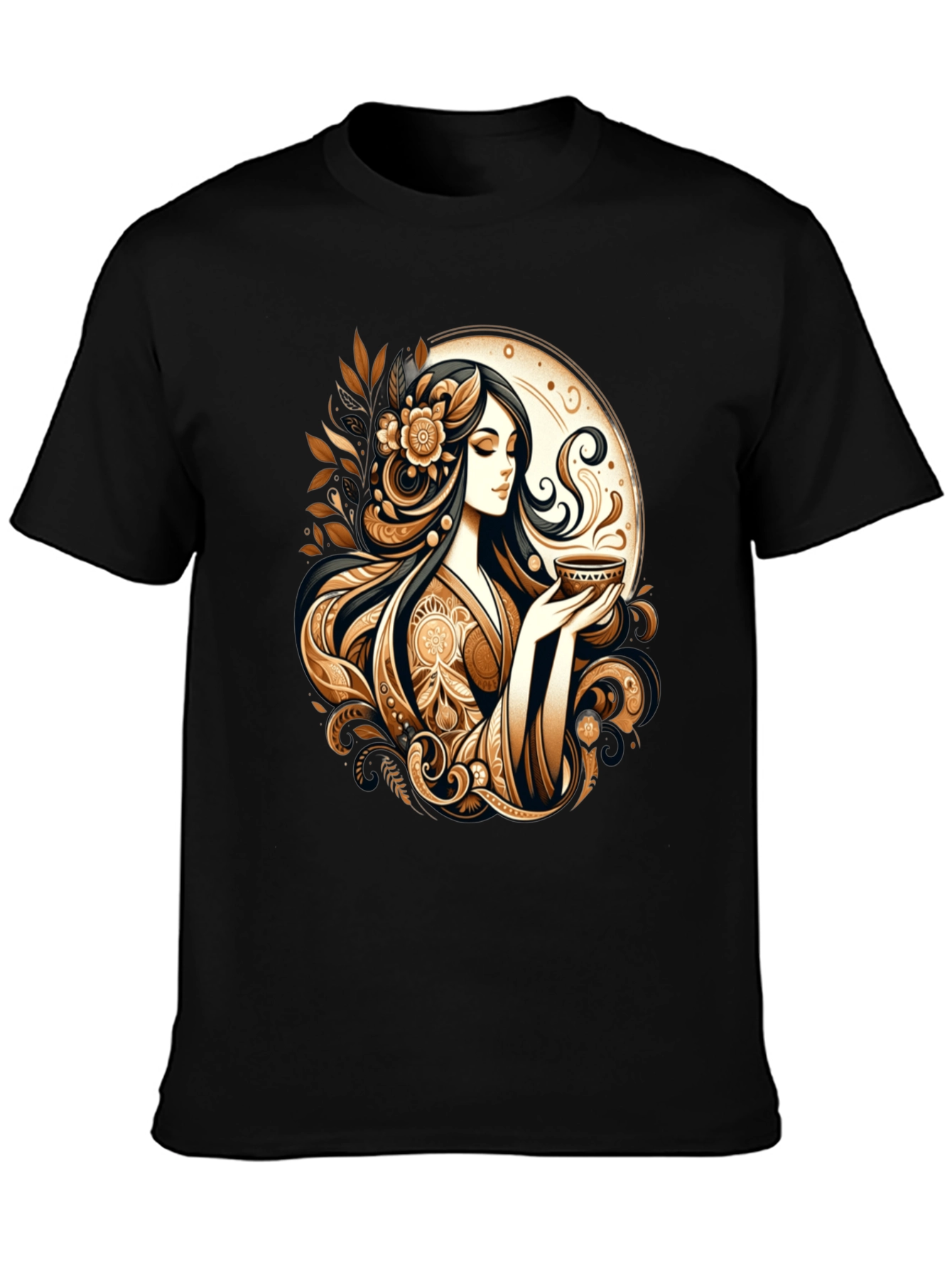 Black Elegant Woman Tea Art Graphic Tee view 3