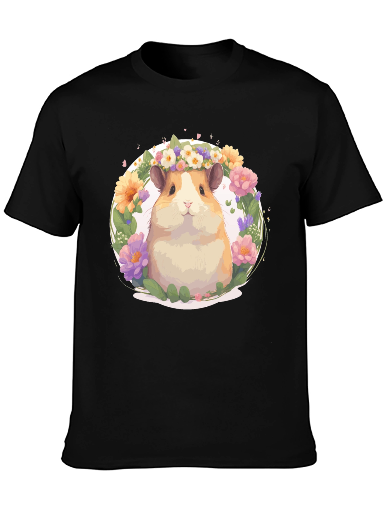 Black Cute Hamster Floral Wreath T-Shirt - Unisex view 3