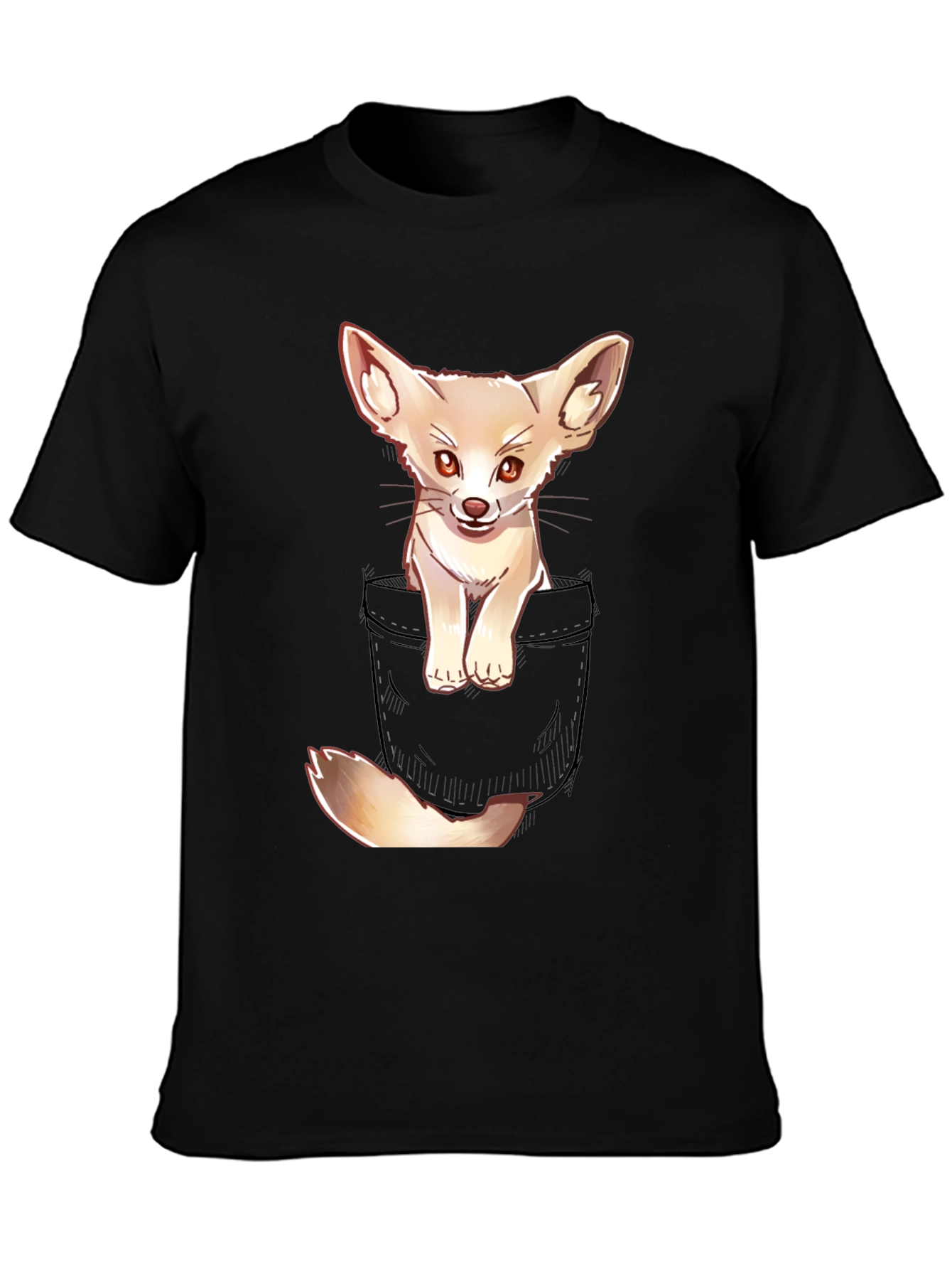 Black Cute Fennec Fox Pocket T-Shirt view 3