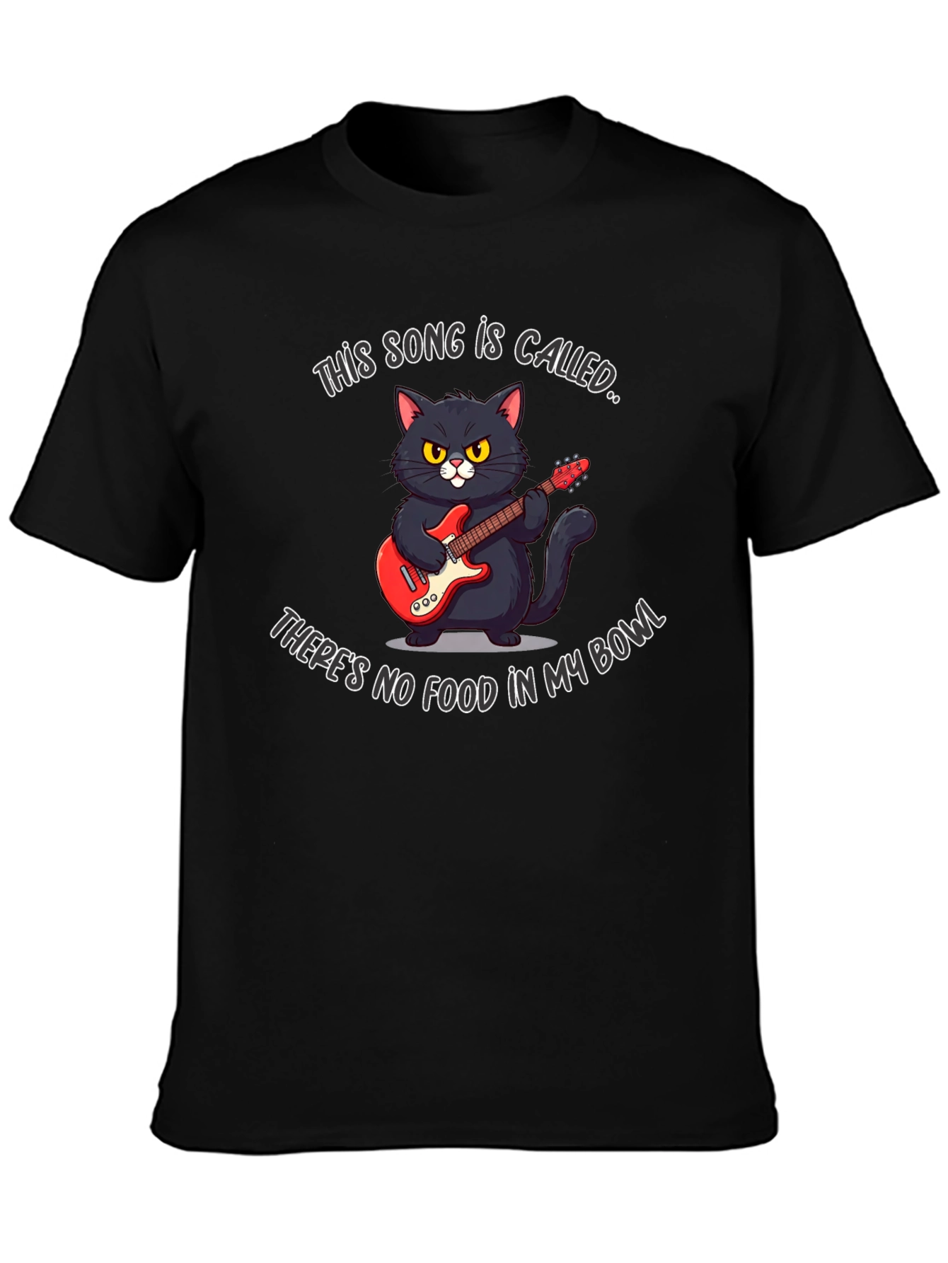 Black Funny Cat Guitarist T-Shirt - "No Food in My Bowl" view 3