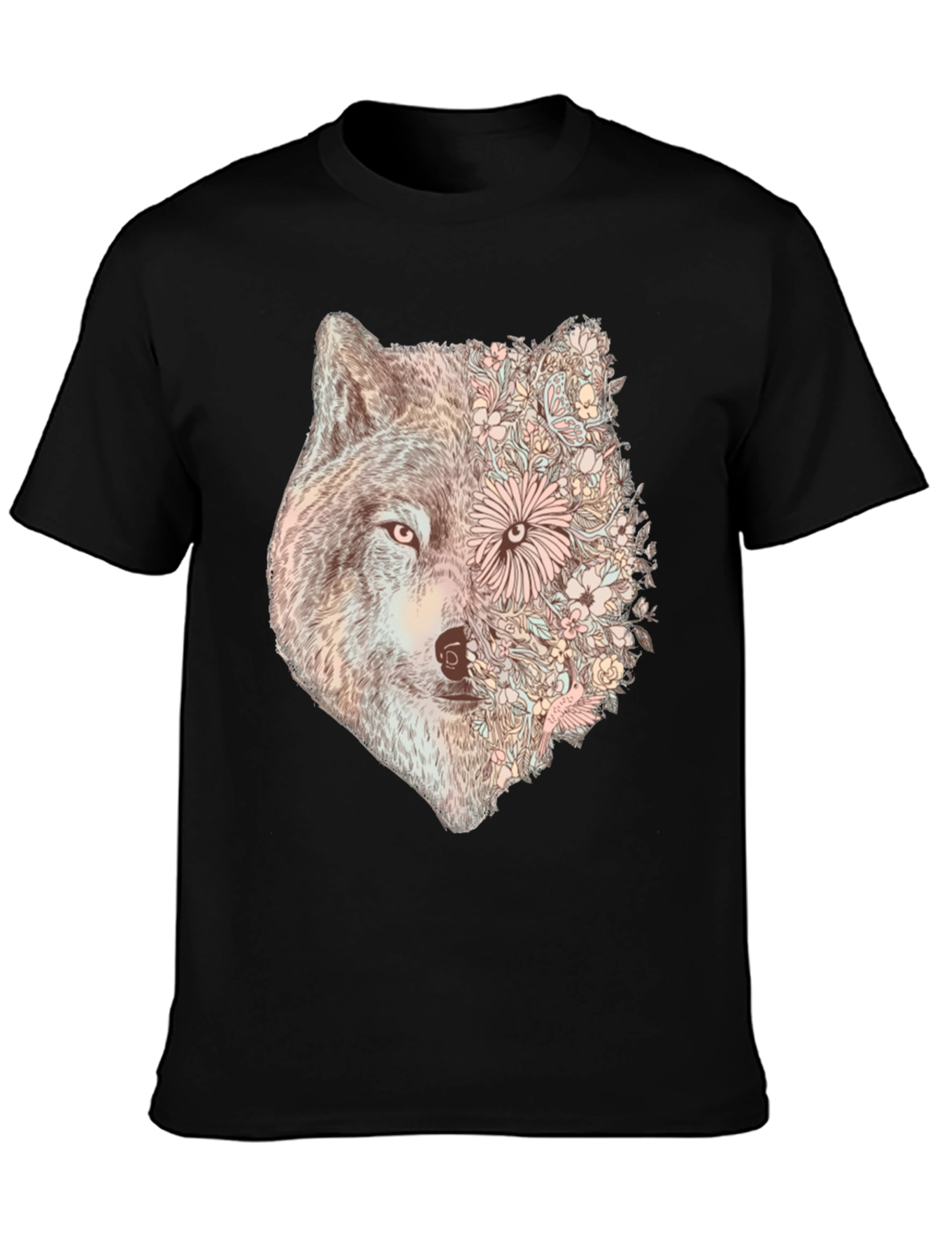 Black Floral Wolf Graphic Tee - Stylish Men's Black T-Shirt view 3