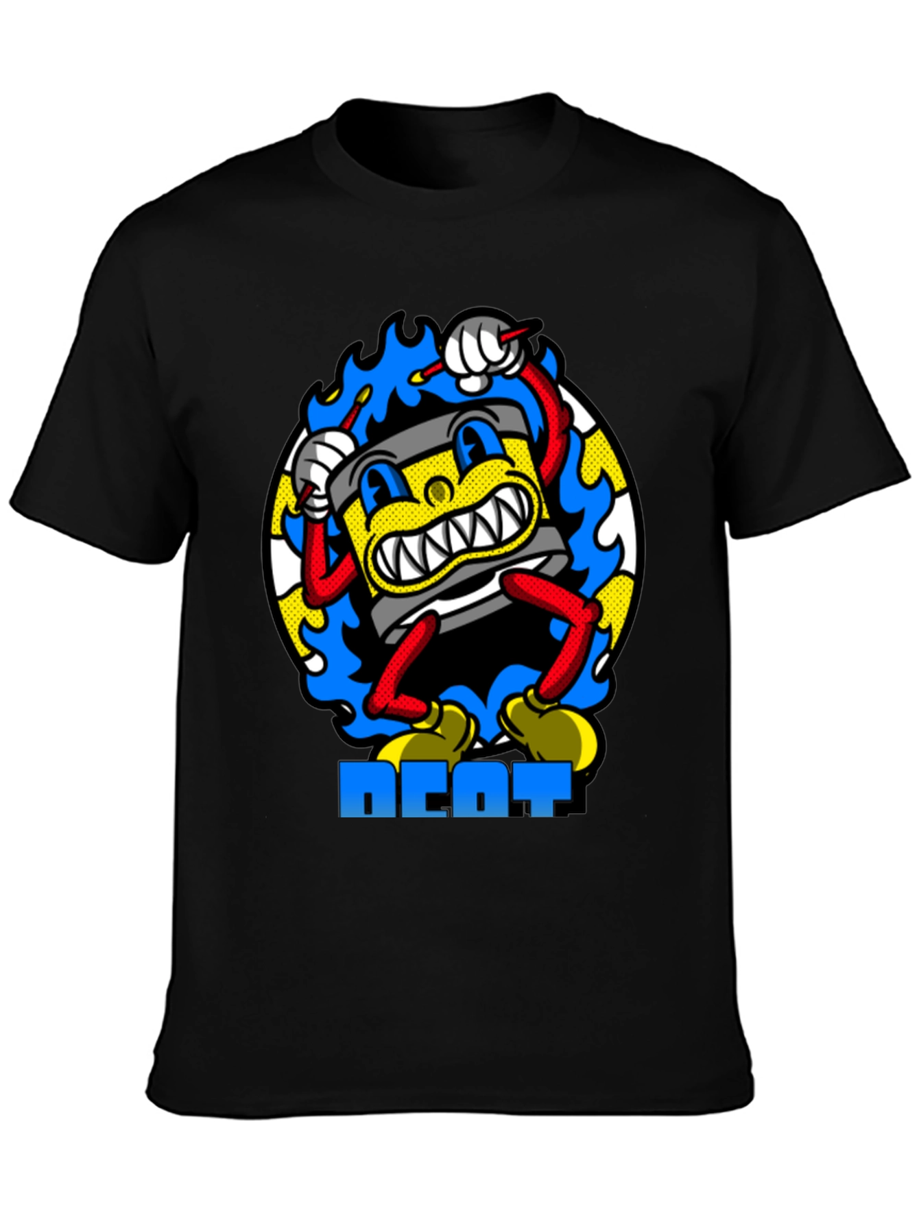 Black Retro Cartoon Drum Beat T-Shirt - Black Cotton view 3