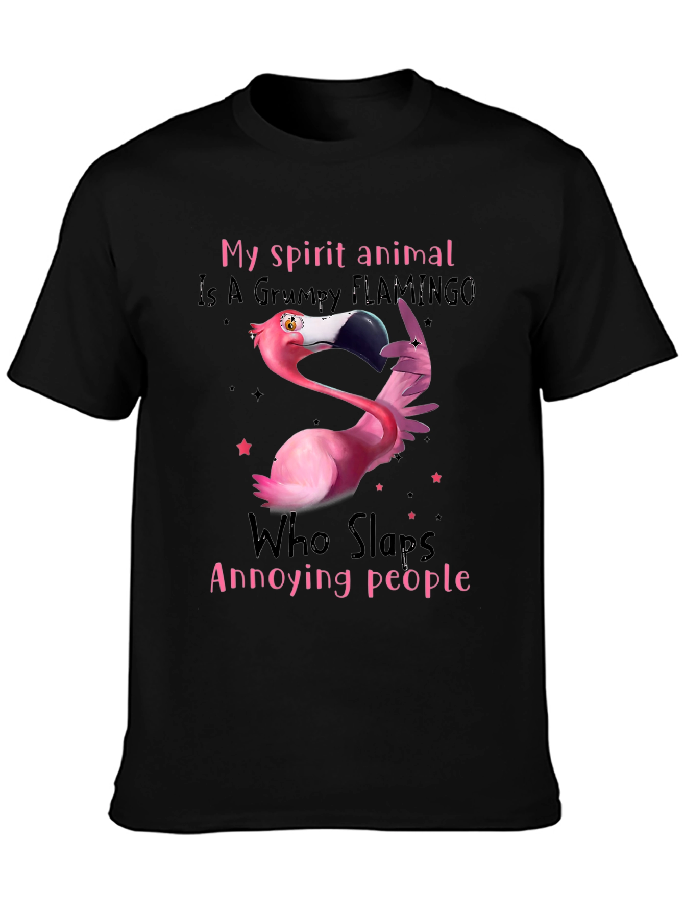 Black Grumpy Flamingo T-Shirt - Slaps Annoying People view 3