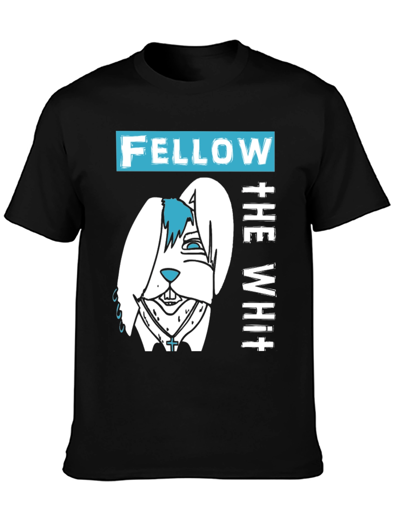 Black Fellow The White T-Shirt with Cartoon Bunny Design view 3