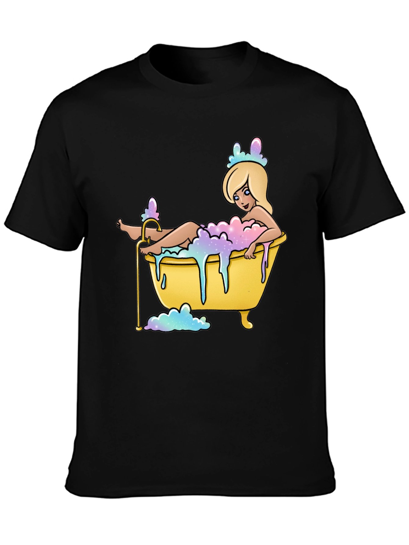 Black Cartoon Girl Bathtub T-Shirt - Black Cotton Tee view 3