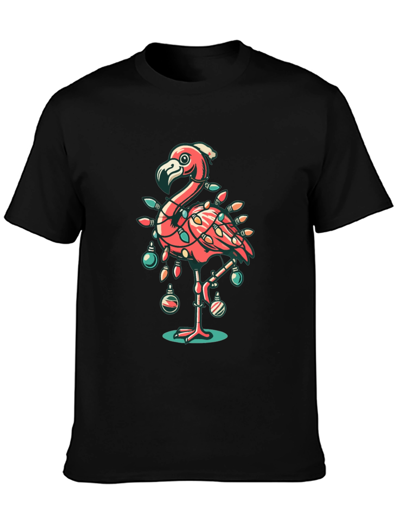 Black Festive Flamingo Christmas T-Shirt view 3