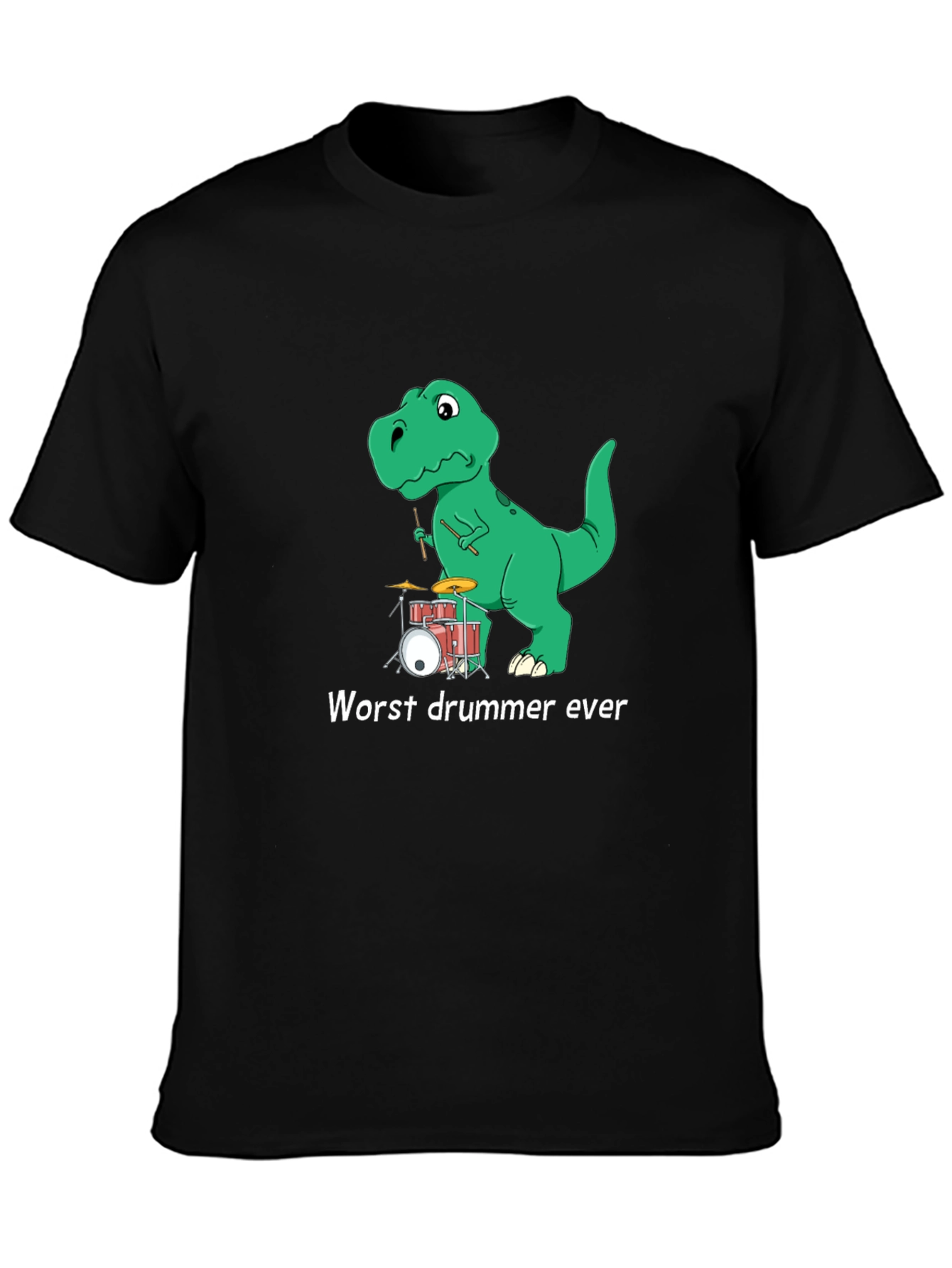 Black Dinosaur Drummer T-Shirt - "Worst Drummer Ever" Graphic Tee view 3