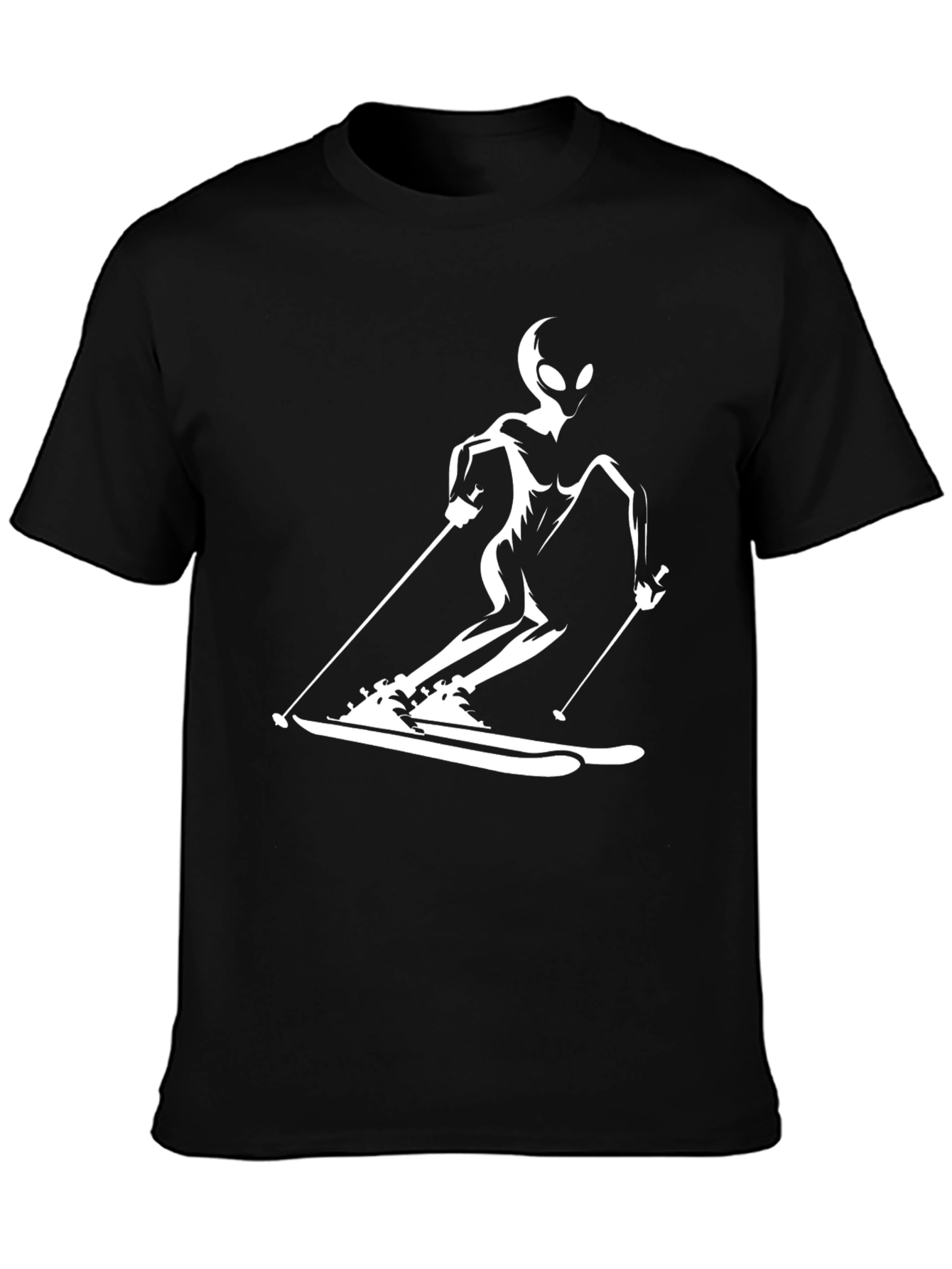 Black Skiing Alien Graphic Tee - Black Cotton Casual T-Shirt view 3