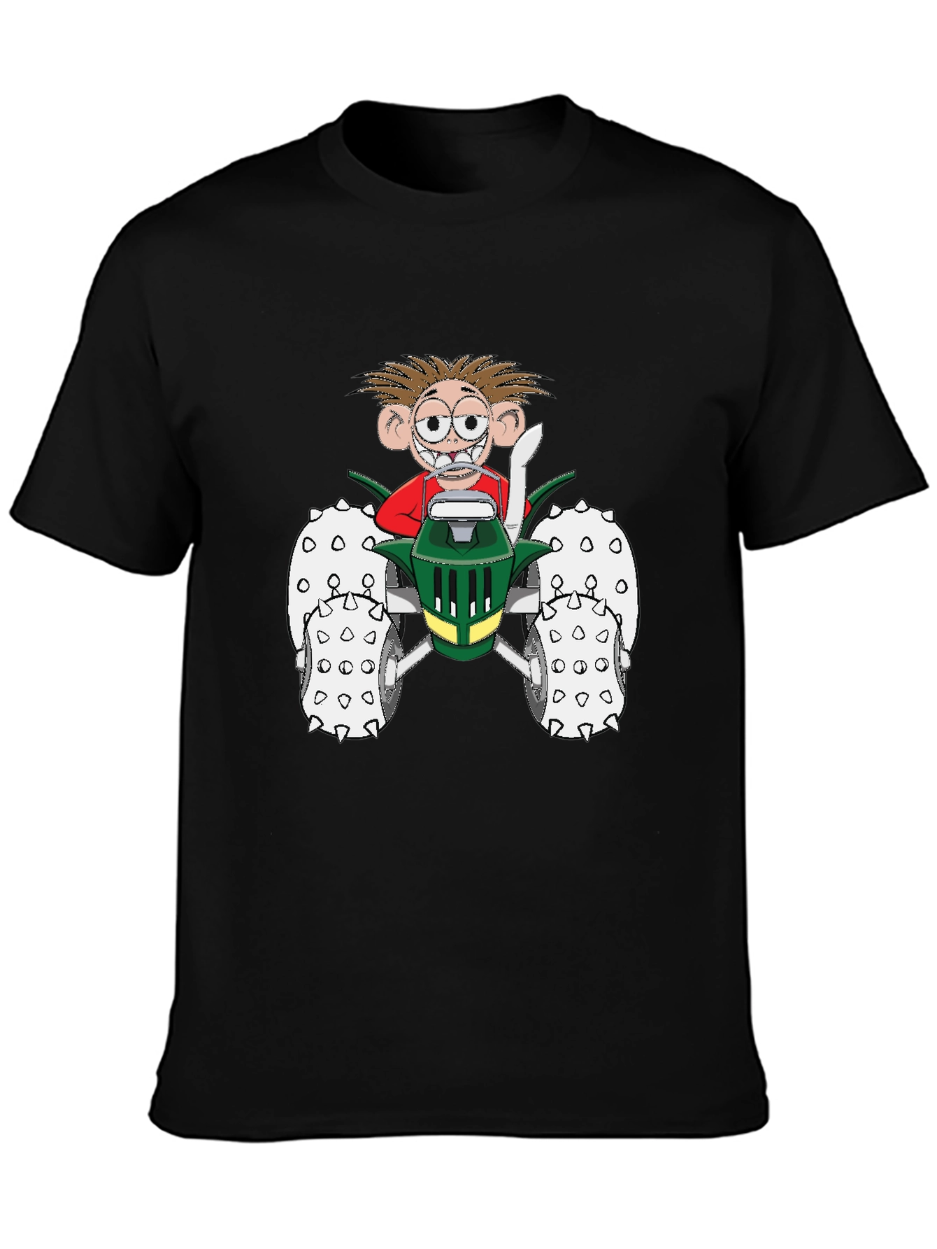 Cartoon Character on Tractor Black T-Shirt - 3