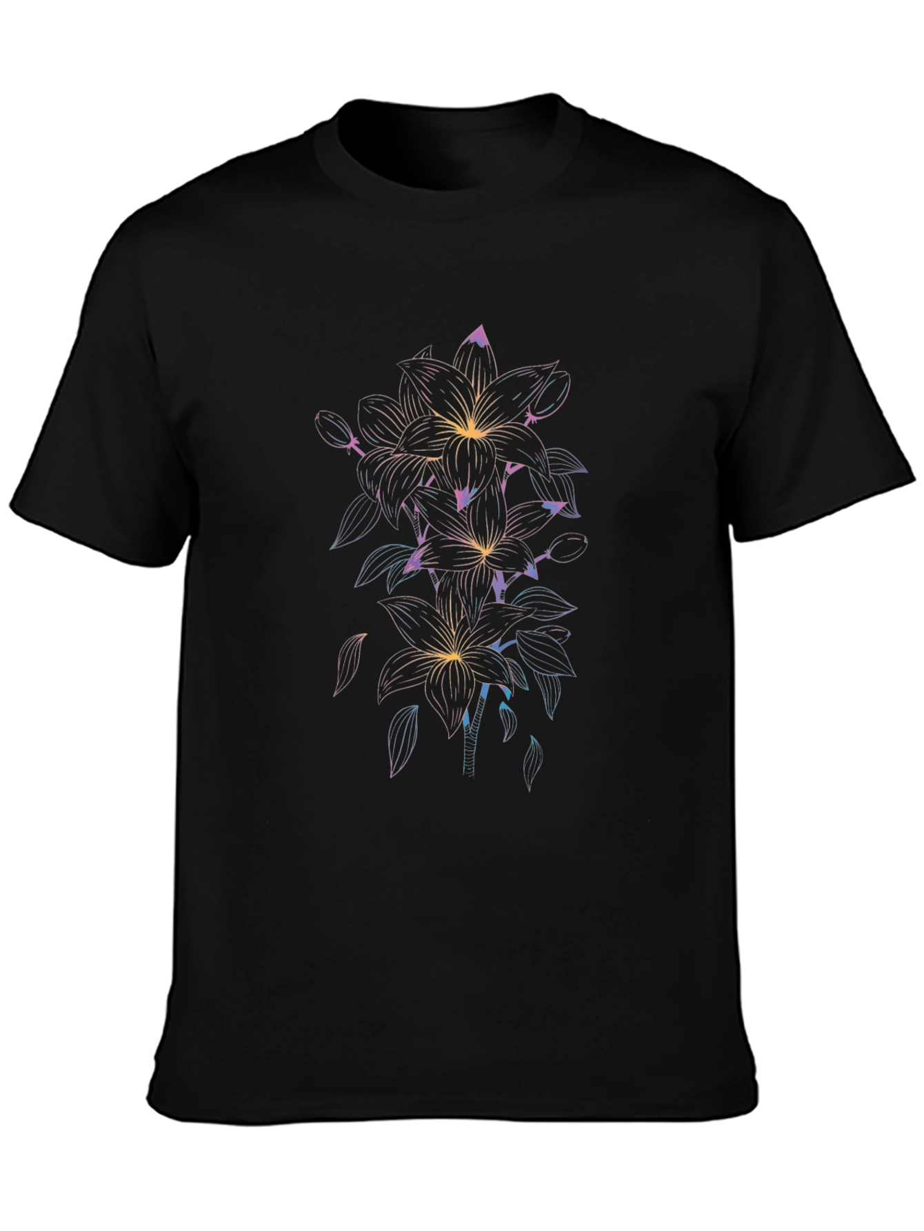 Black Floral Line Art Black T-Shirt view 3