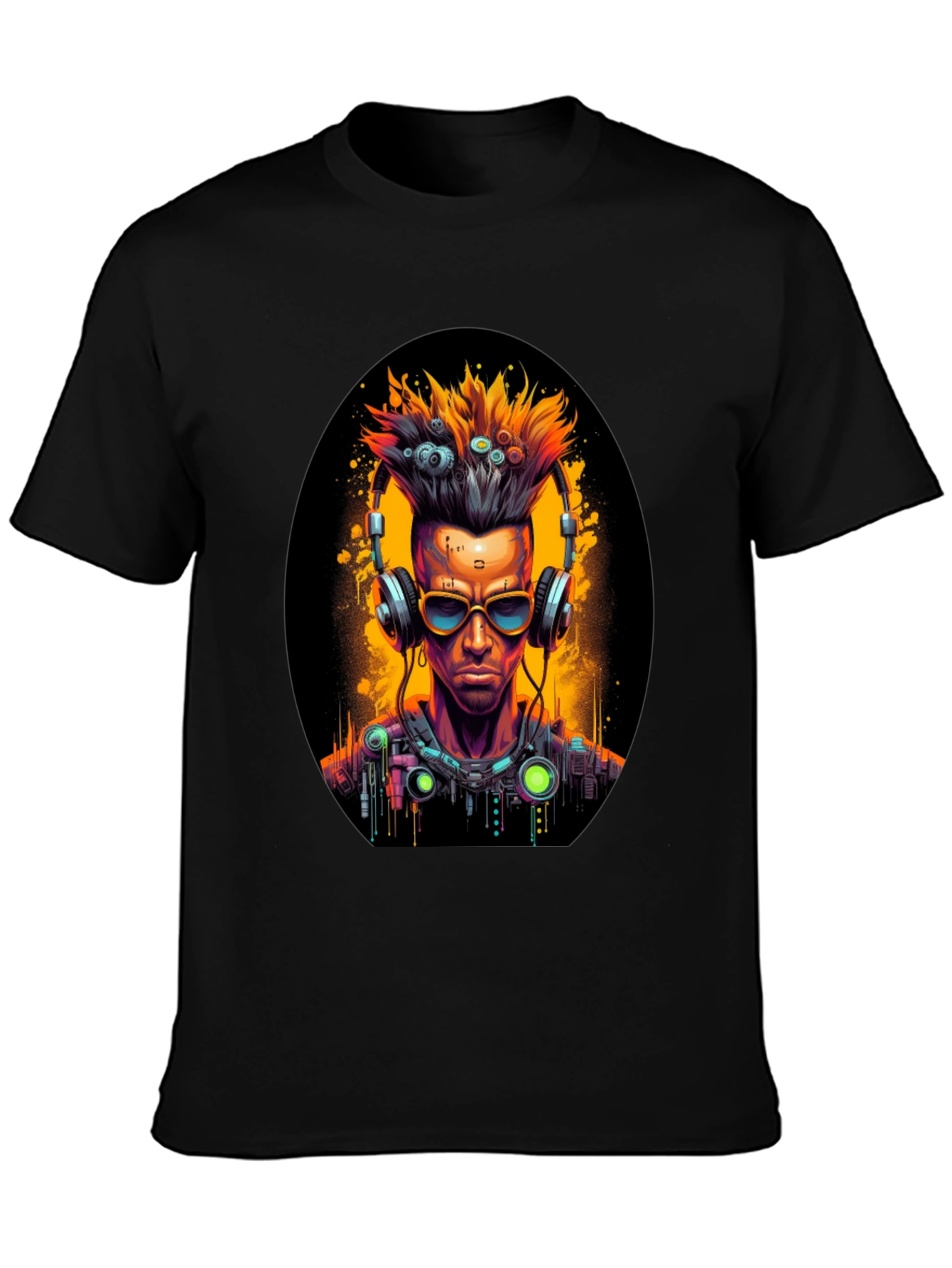 Black Cyberpunk Gamer T-Shirt: Futuristic Headphone Design view 3