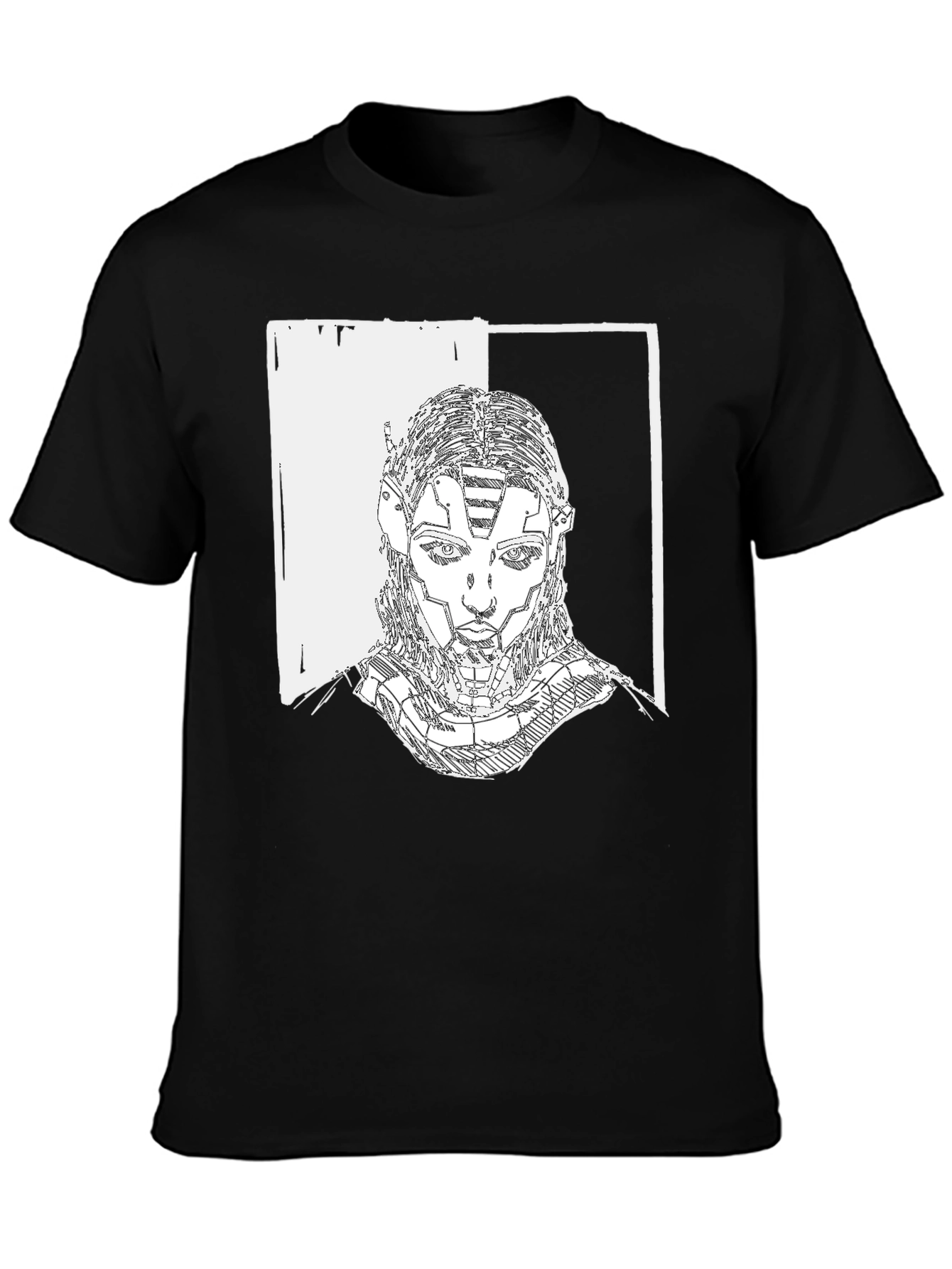 Black Cyberpunk Portrait Graphic Tee - Black Cotton T-Shirt view 3