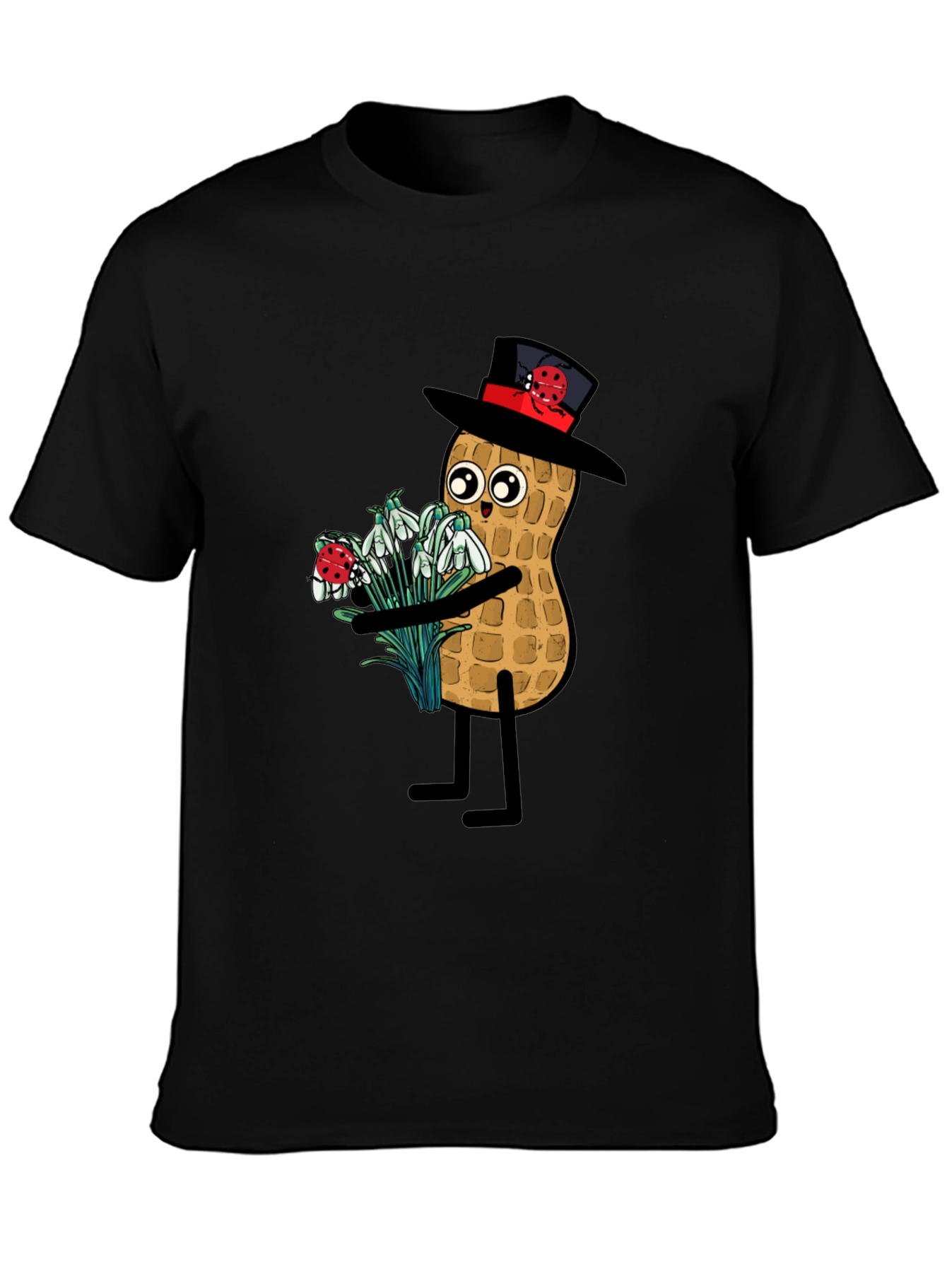 Black Funny Peanut with Flowers Graphic Tee view 3
