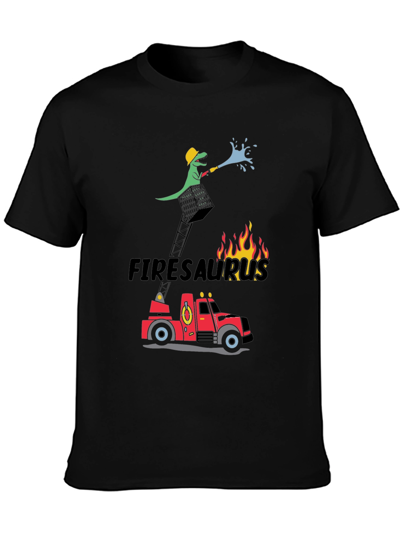 Black Firesaurus Cartoon Graphic T-Shirt view 3