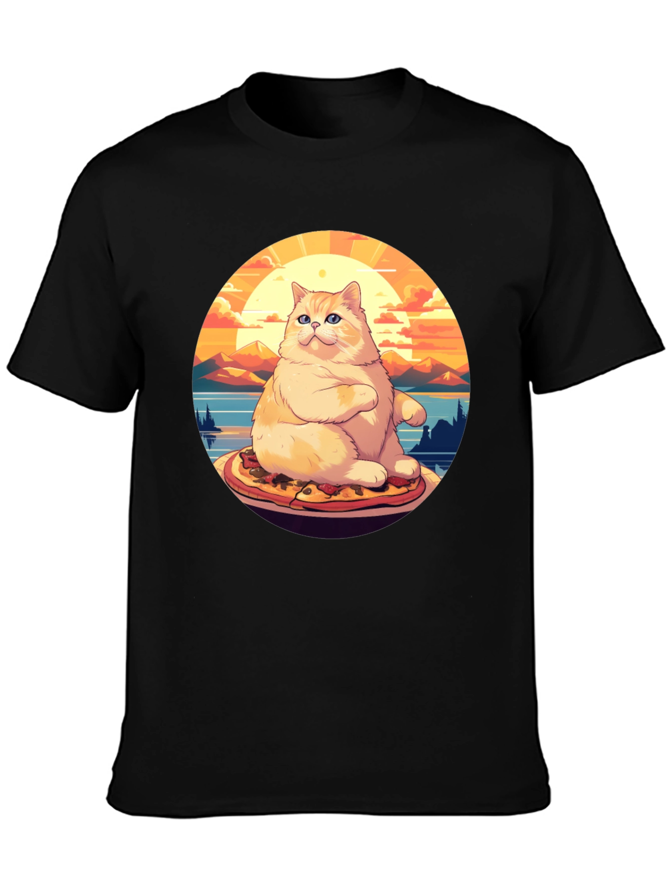 Black Pizza Cat T-Shirt: Sunset Vibes view 3