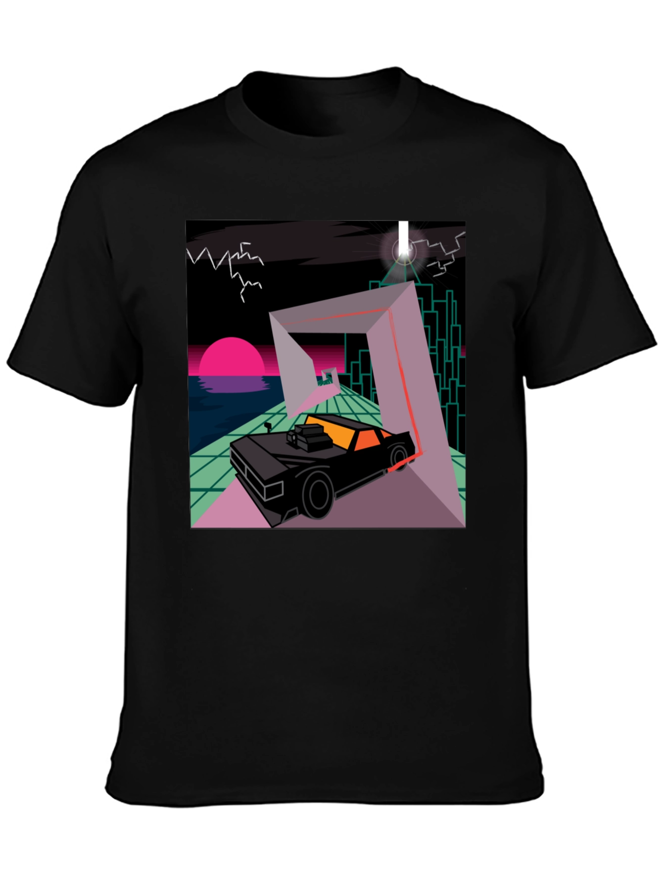 Black Retro Wave Car T-Shirt - Synthwave Design view 3