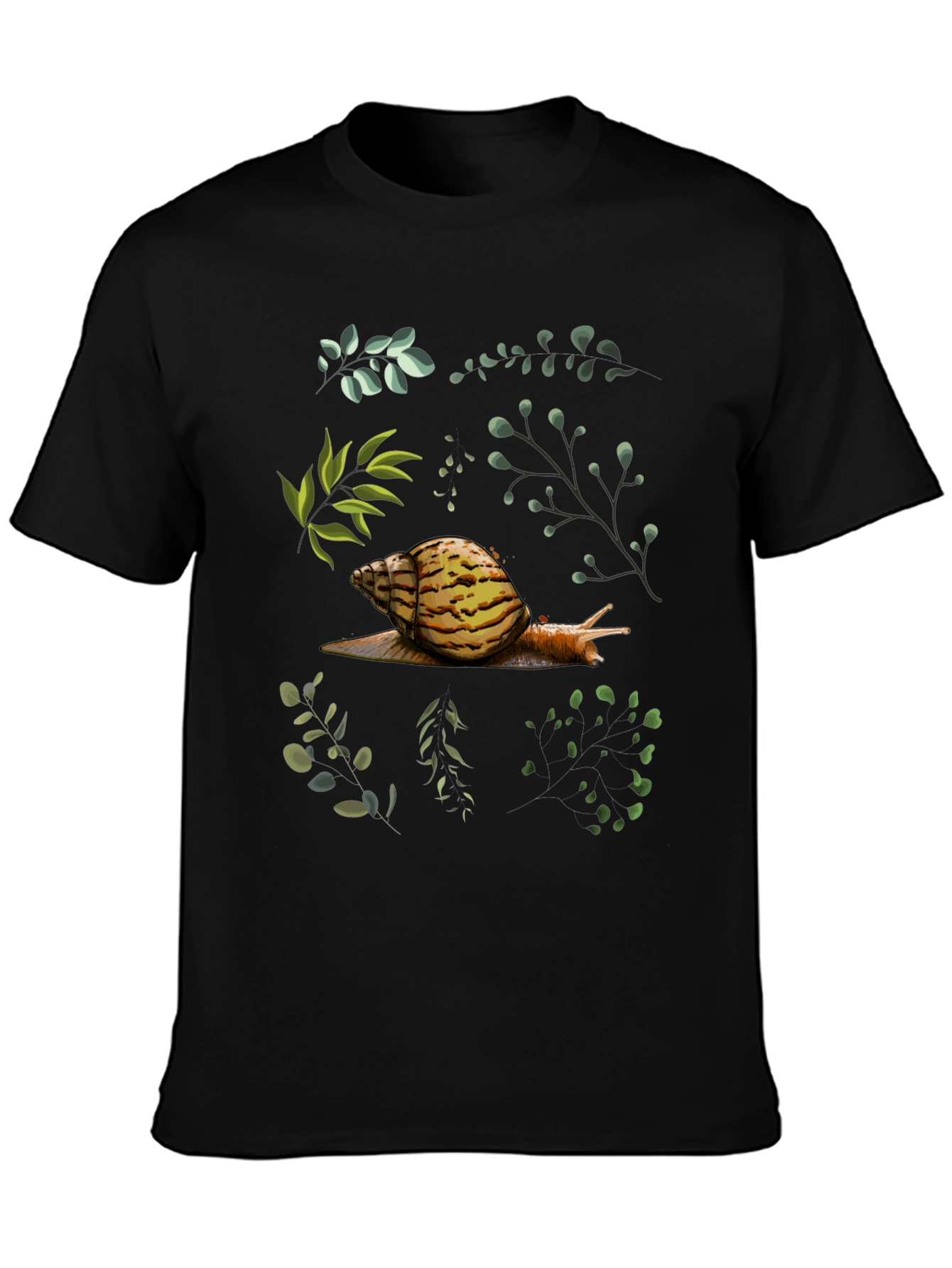 Black Snail & Botanical Print Black T-Shirt view 3