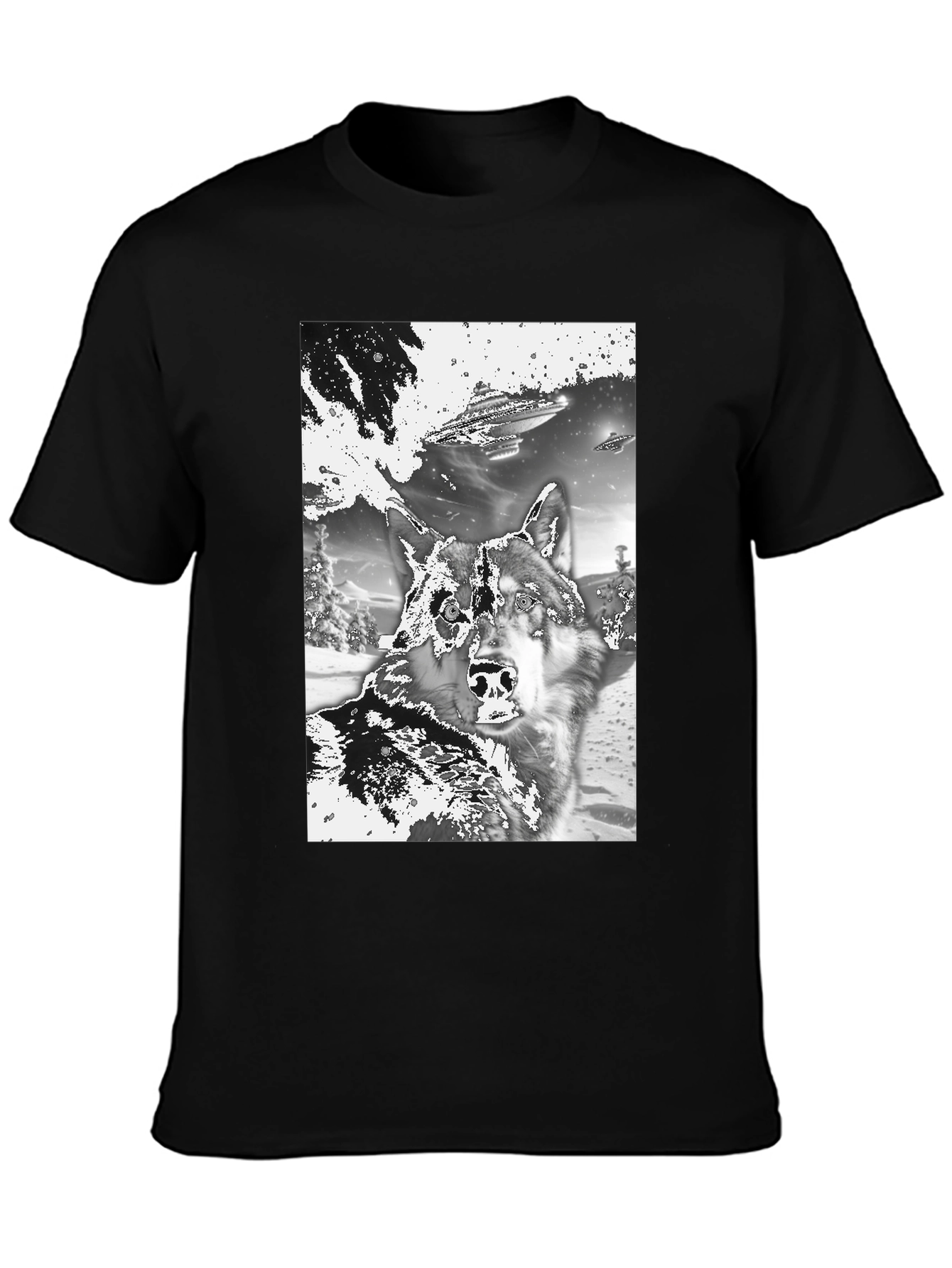 Black Wolf & UFO Graphic T-Shirt - Black Crew Neck Tee view 3