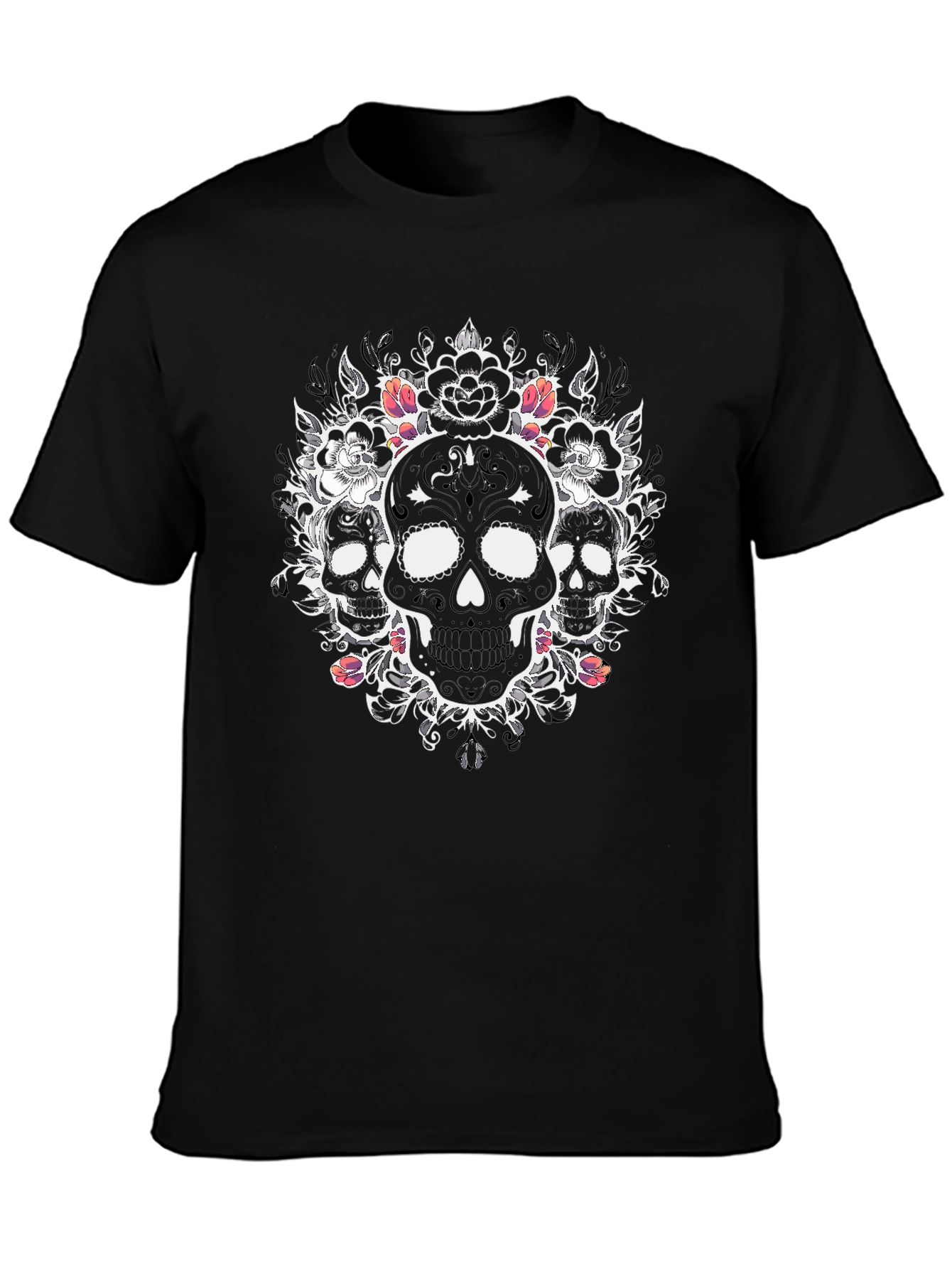 Black Skull Floral Graphic Tee - Mens Black T-Shirt view 3