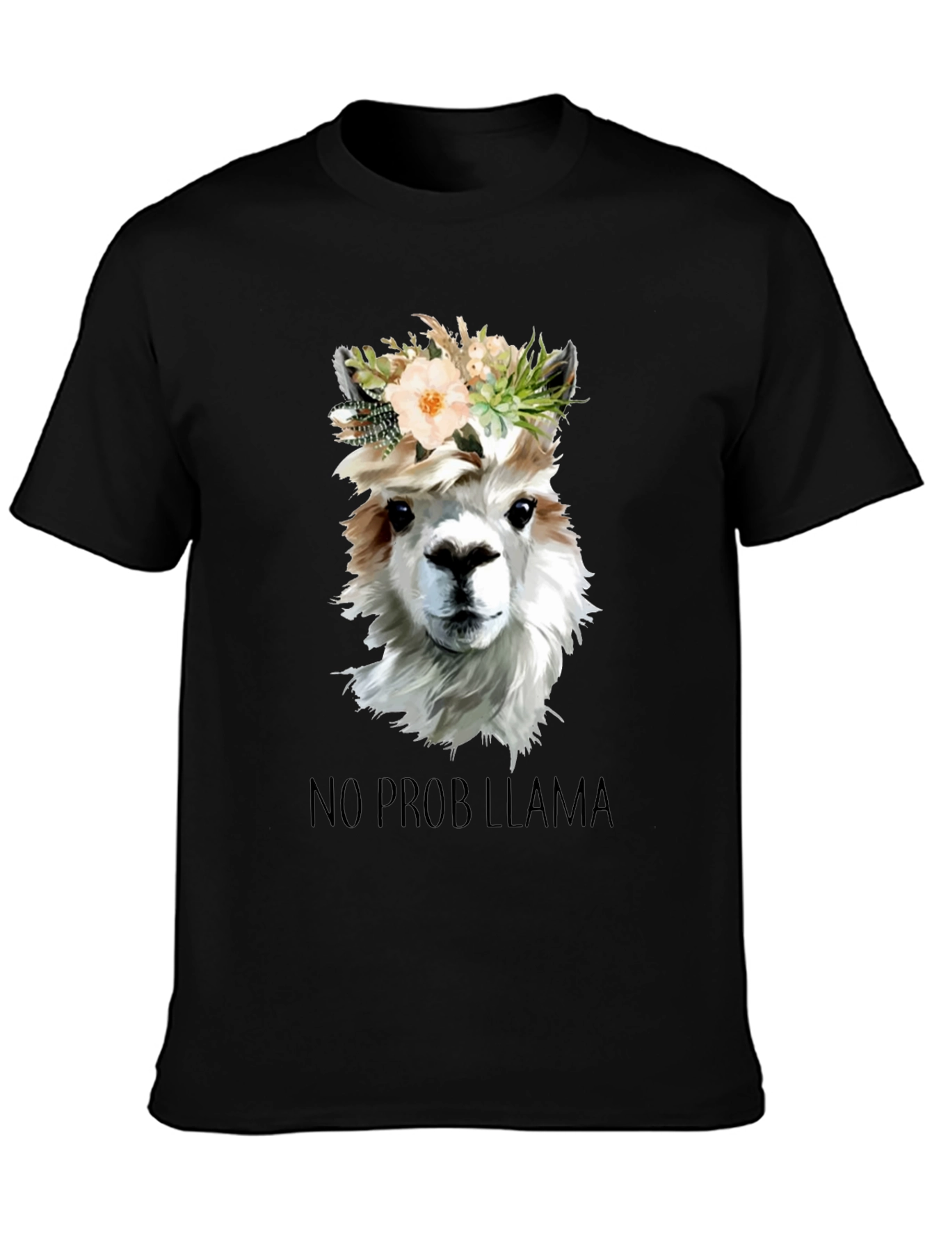 Black No Prob Llama T-Shirt - Floral Crown Alpaca Graphic Tee view 3