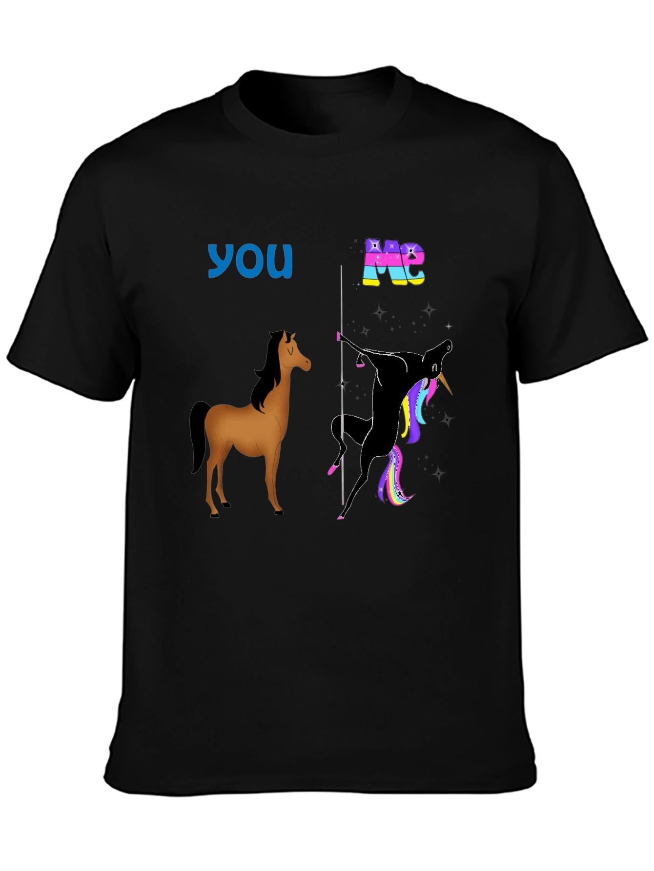 Black Funny Horse & Unicorn T-Shirt: You vs. Me view 3