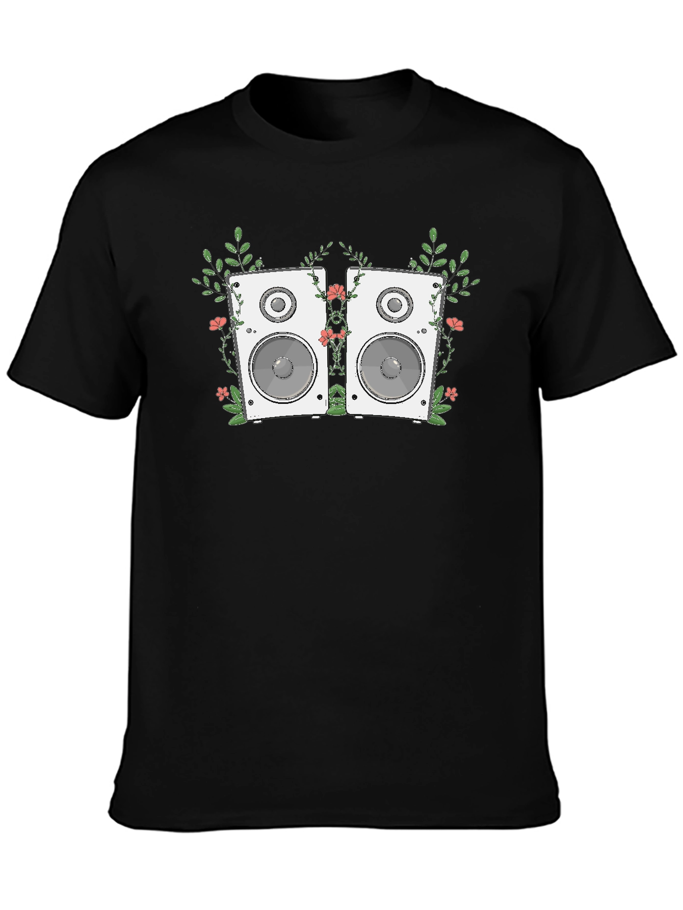 Black Floral Speaker Graphic Tee - Black Cotton T-Shirt view 3