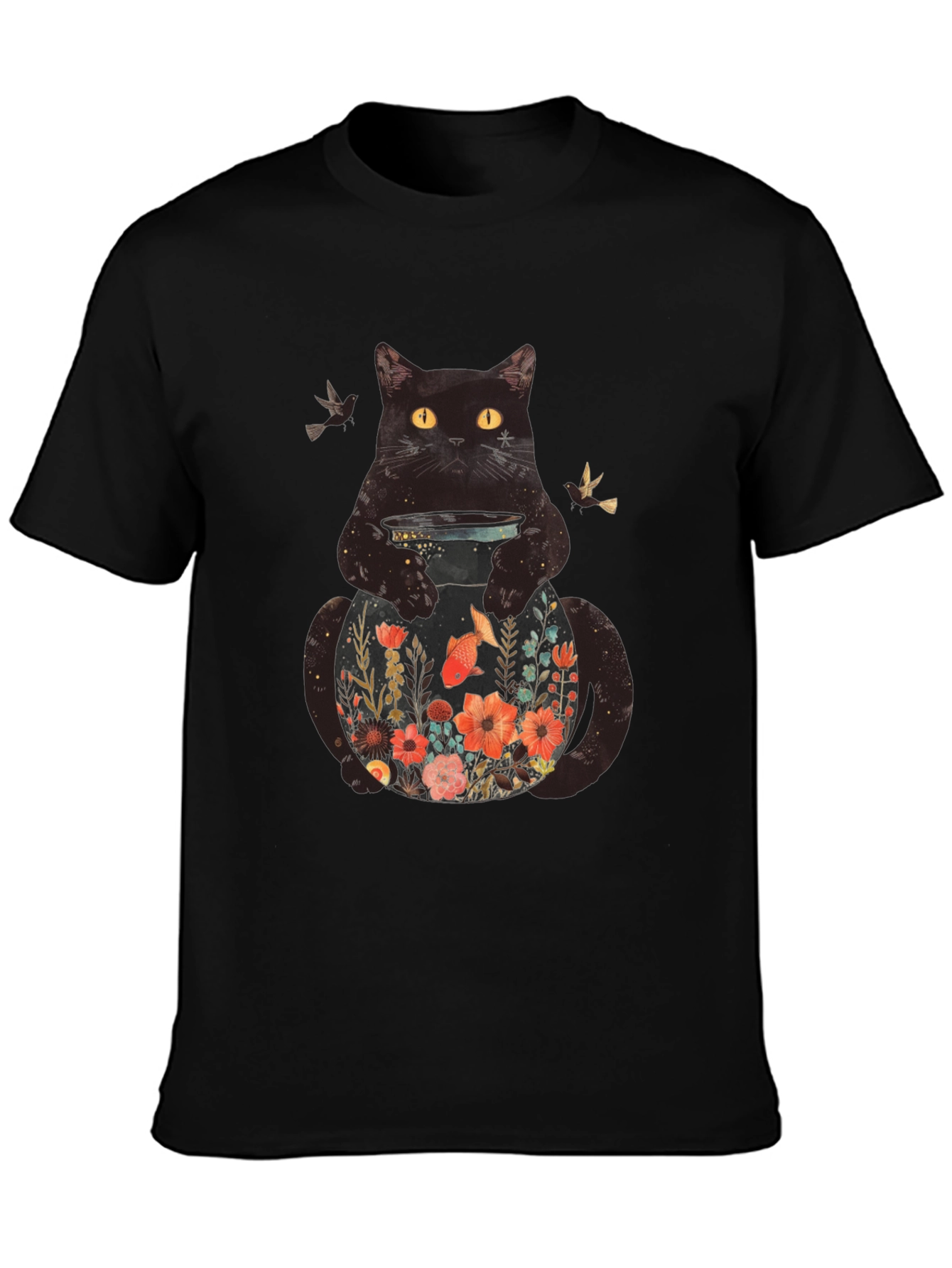Black Floral Cat Graphic T-Shirt - Unique Animal Design view 3