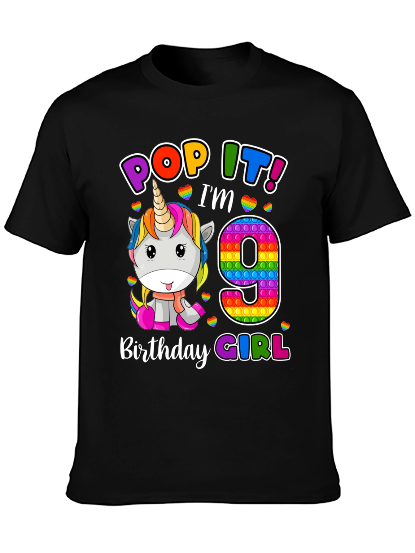 Black Pop It! I'm 9 Birthday Girl T-Shirt Unicorn view 3