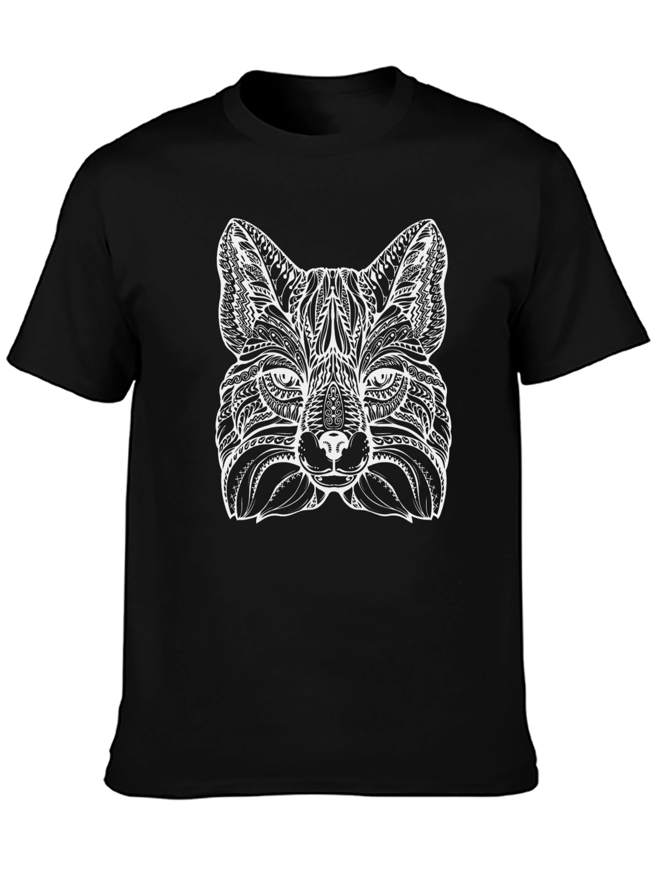 Black Intricate Fox Design Black T-Shirt view 3