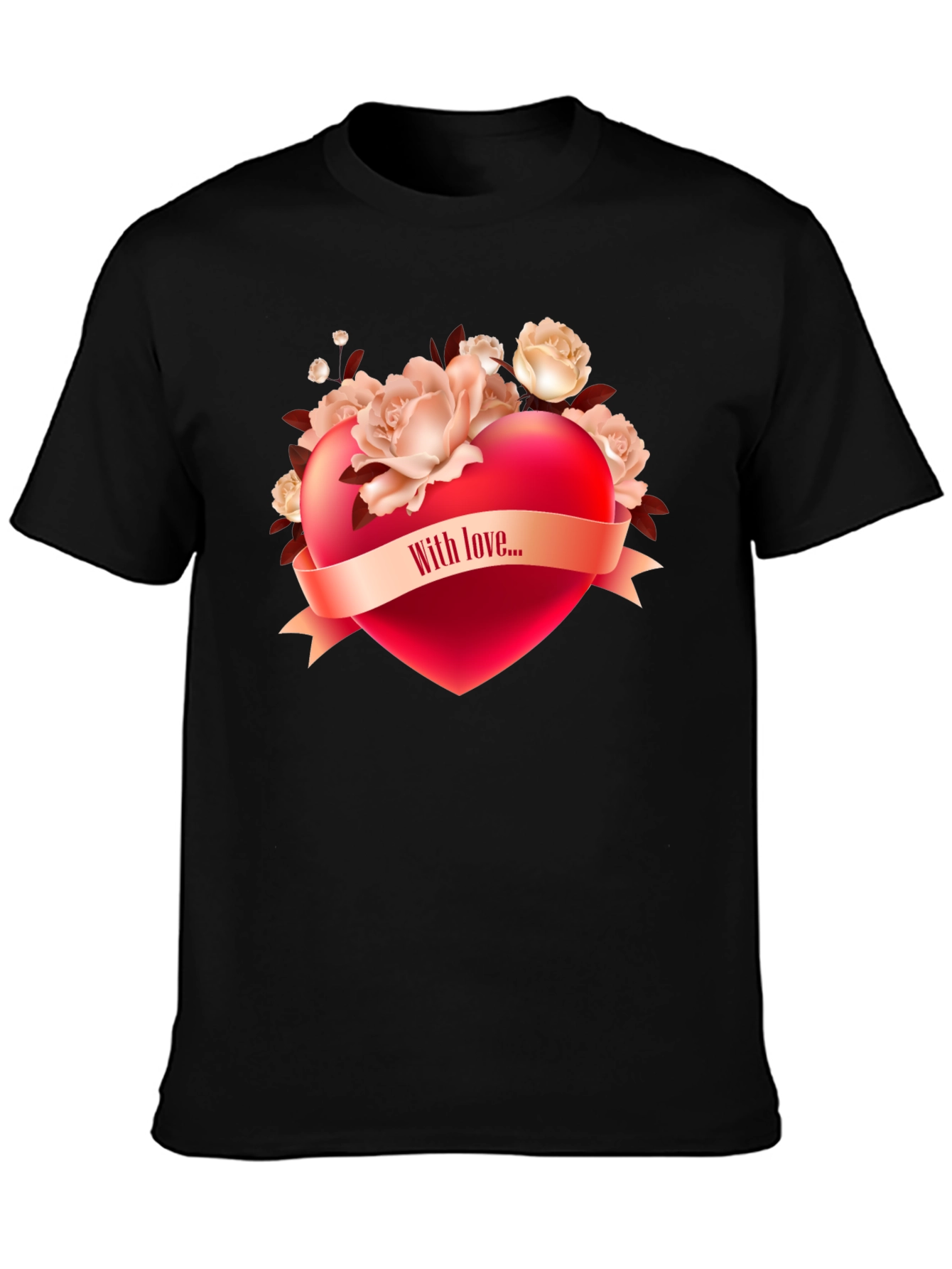 Black Romantic Heart & Roses Graphic T-Shirt view 3