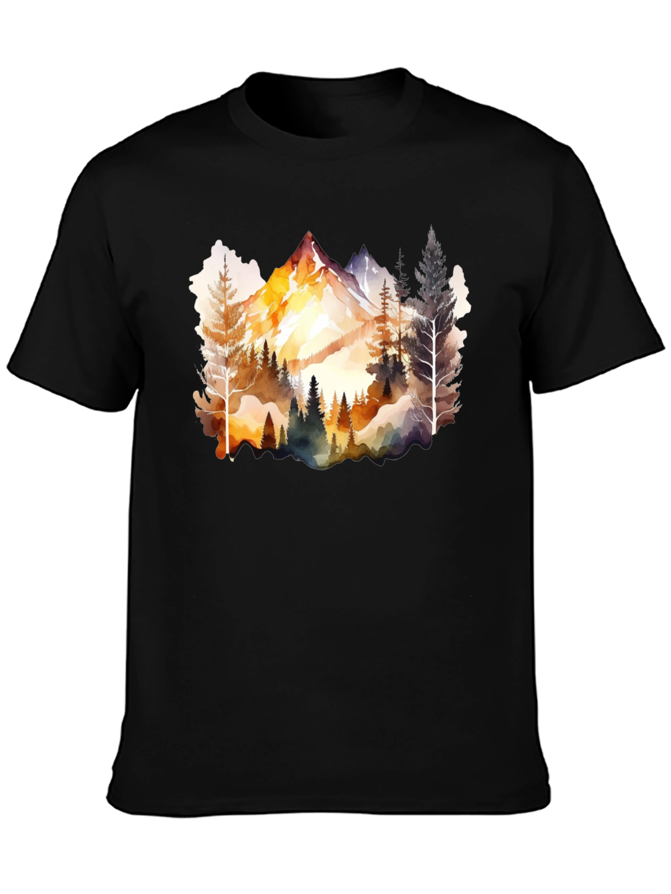 Black Watercolor Mountain & Forest Graphic Tee - Black view 3