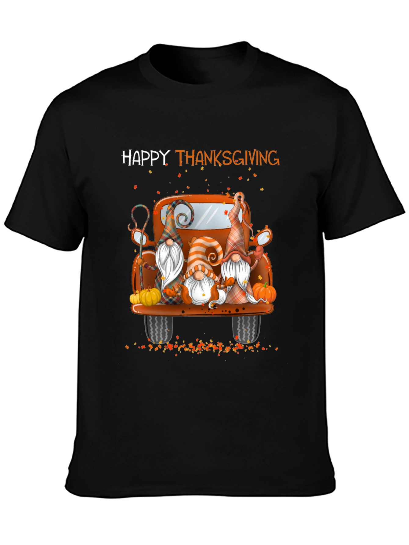 Black Happy Thanksgiving Gnomes Truck T-Shirt view 3
