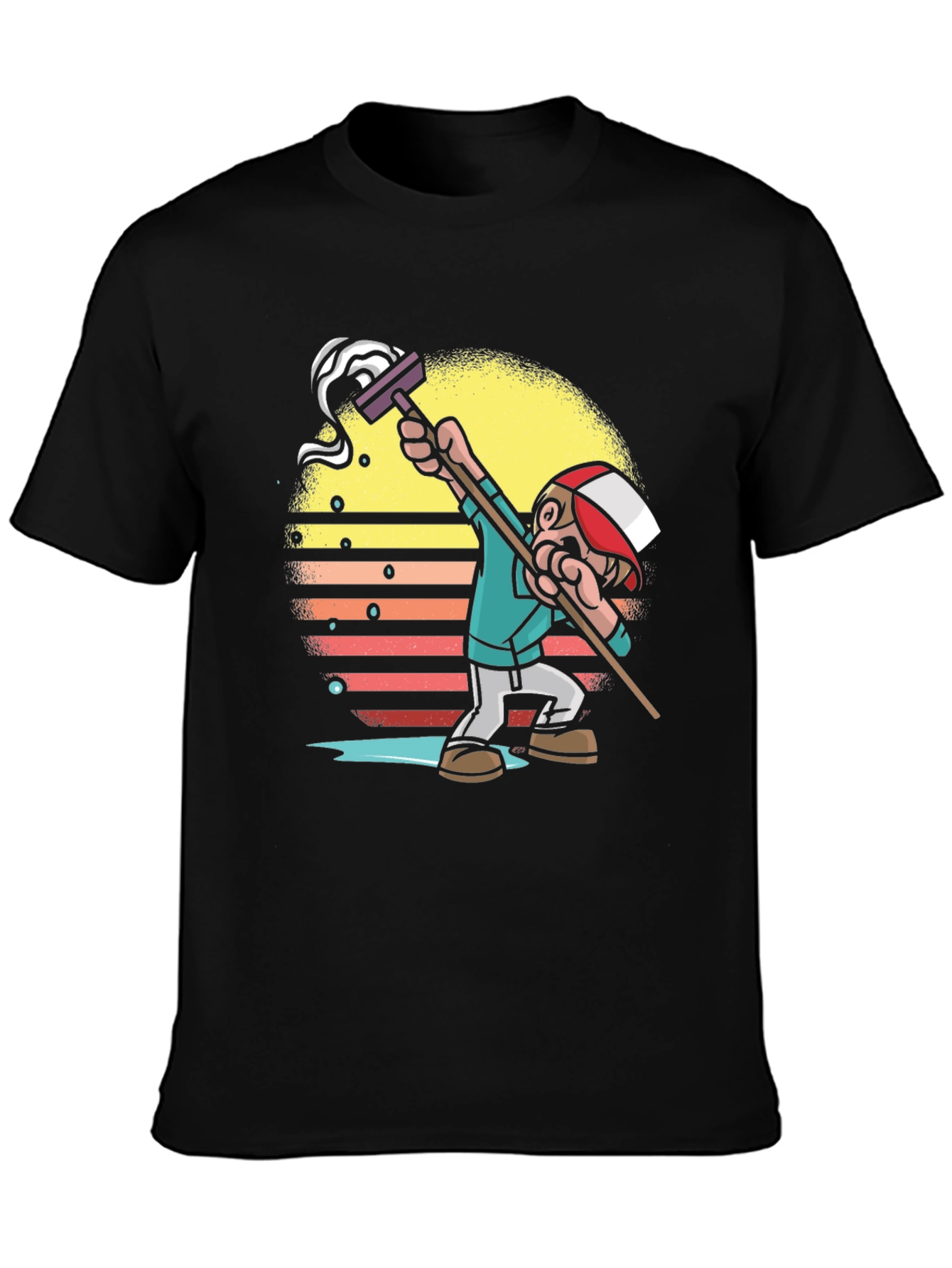 Black Retro Style Mop Cartoon Graphic T-Shirt view 3