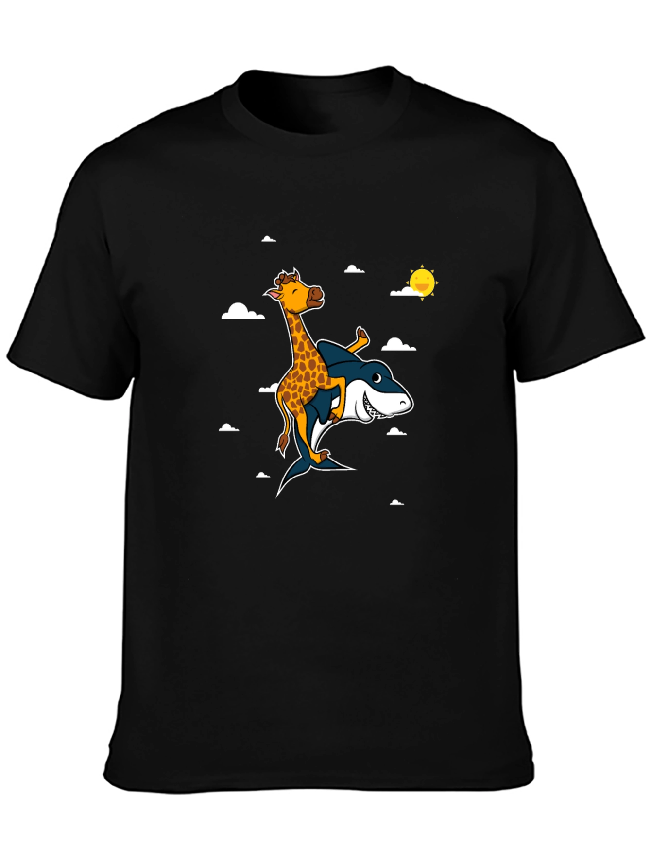 Black Giraffe Riding Shark T-Shirt: Funny Graphic Tee view 3