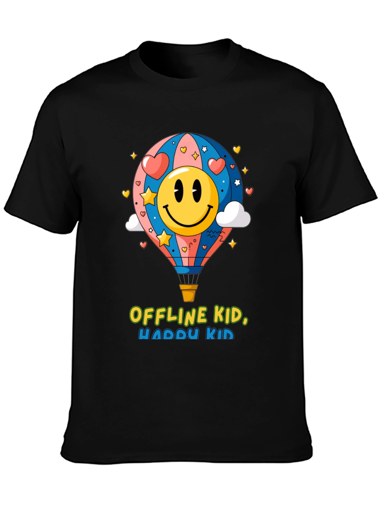 Black Offline Kid, Happy Kid Black Graphic Tee view 3