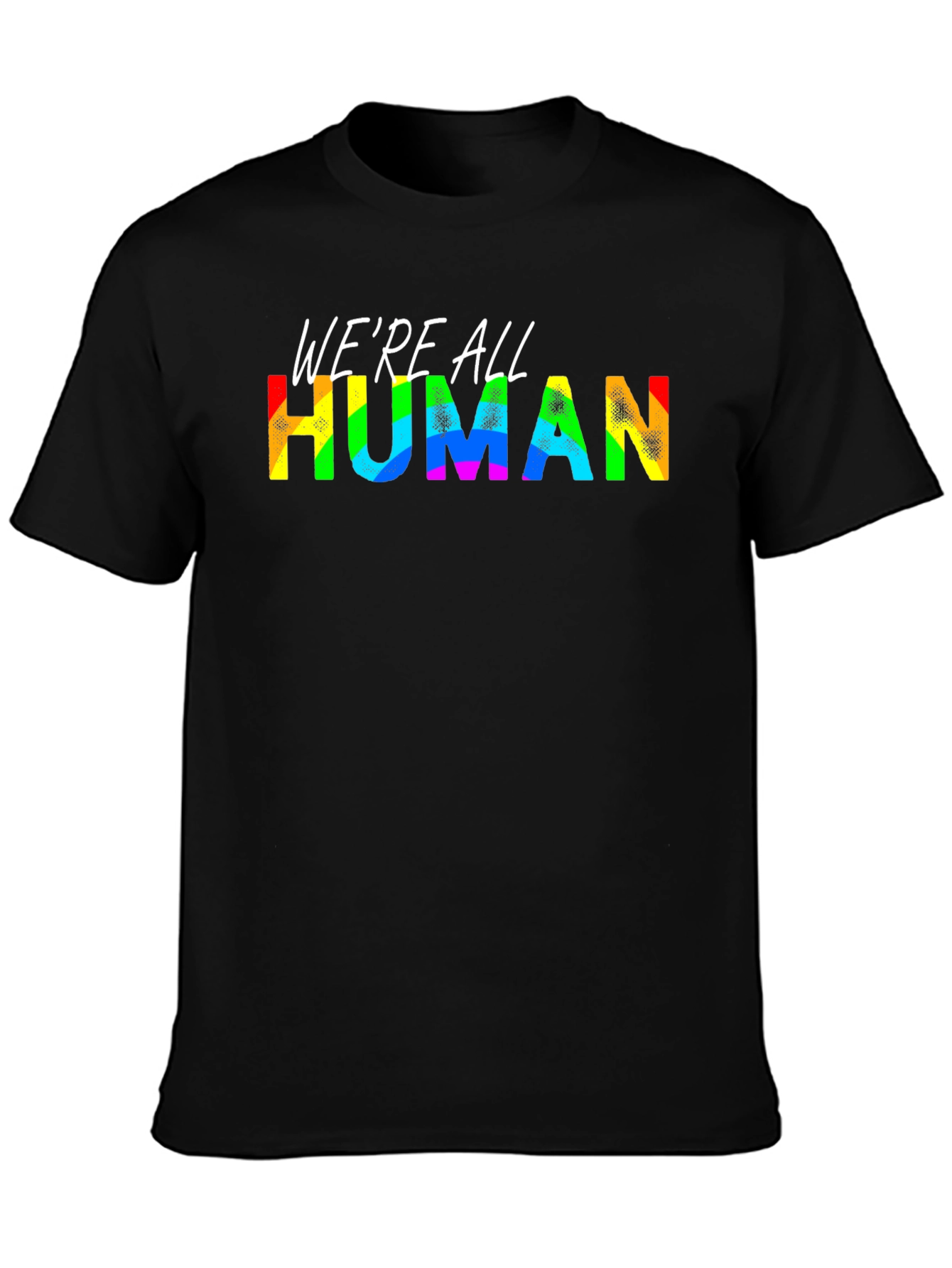 Black We're All Human Pride T-Shirt - Rainbow Text view 3