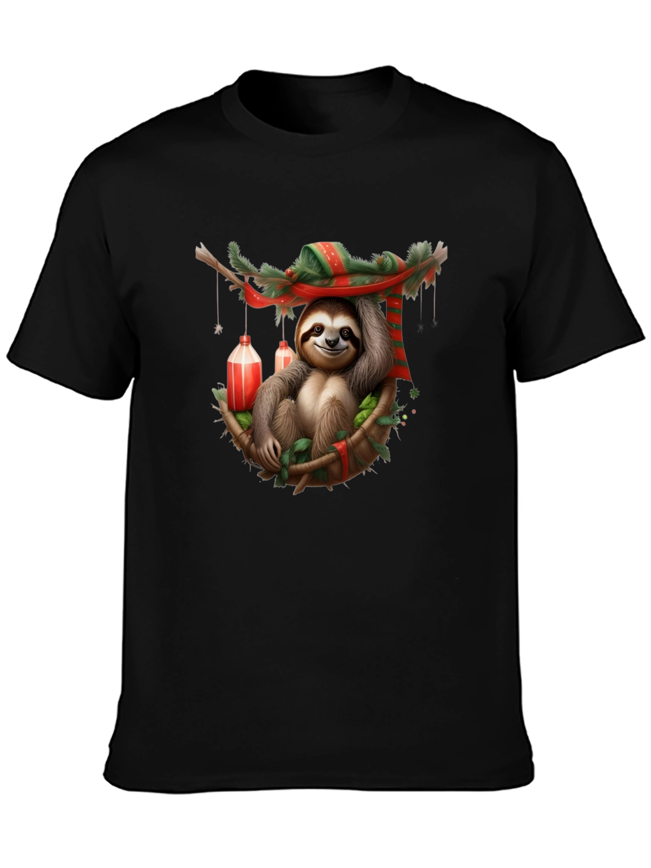 Black Festive Sloth T-Shirt - Holiday Style view 3