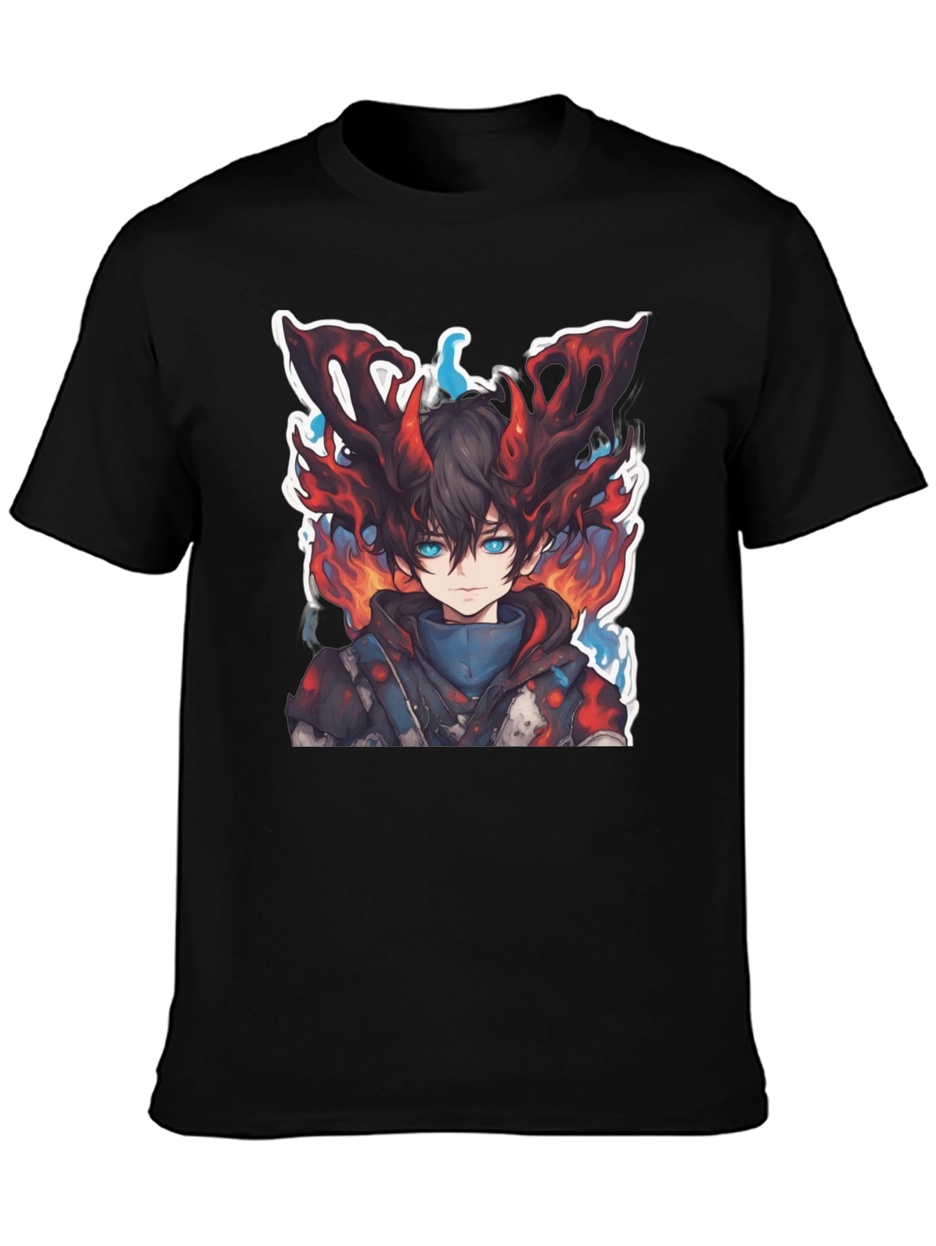 Black Anime Boy Graphic Tee - Fire Aura Design view 3