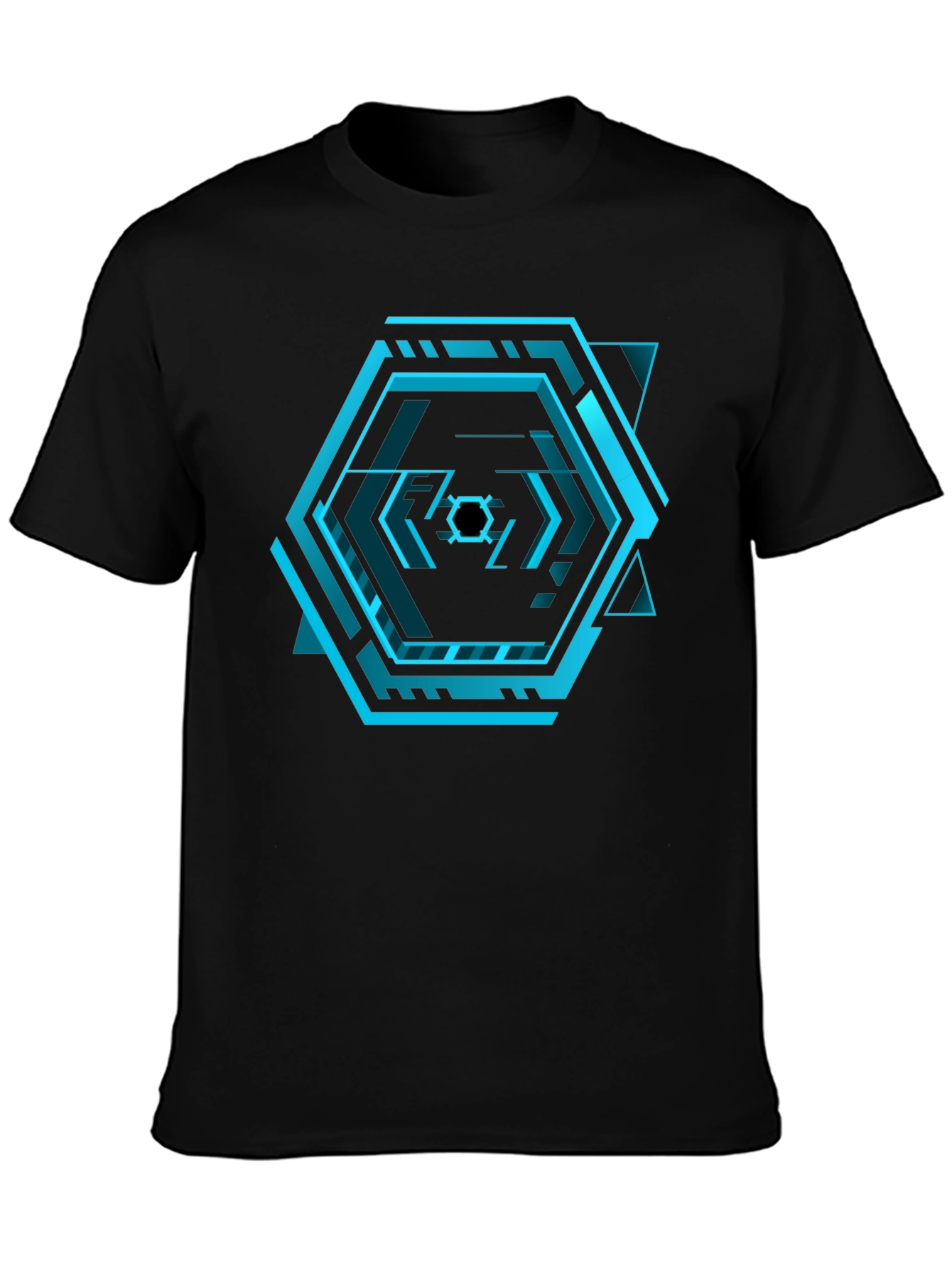 Black Cyberpunk Hexagon Black T-Shirt - Futuristic Design view 3