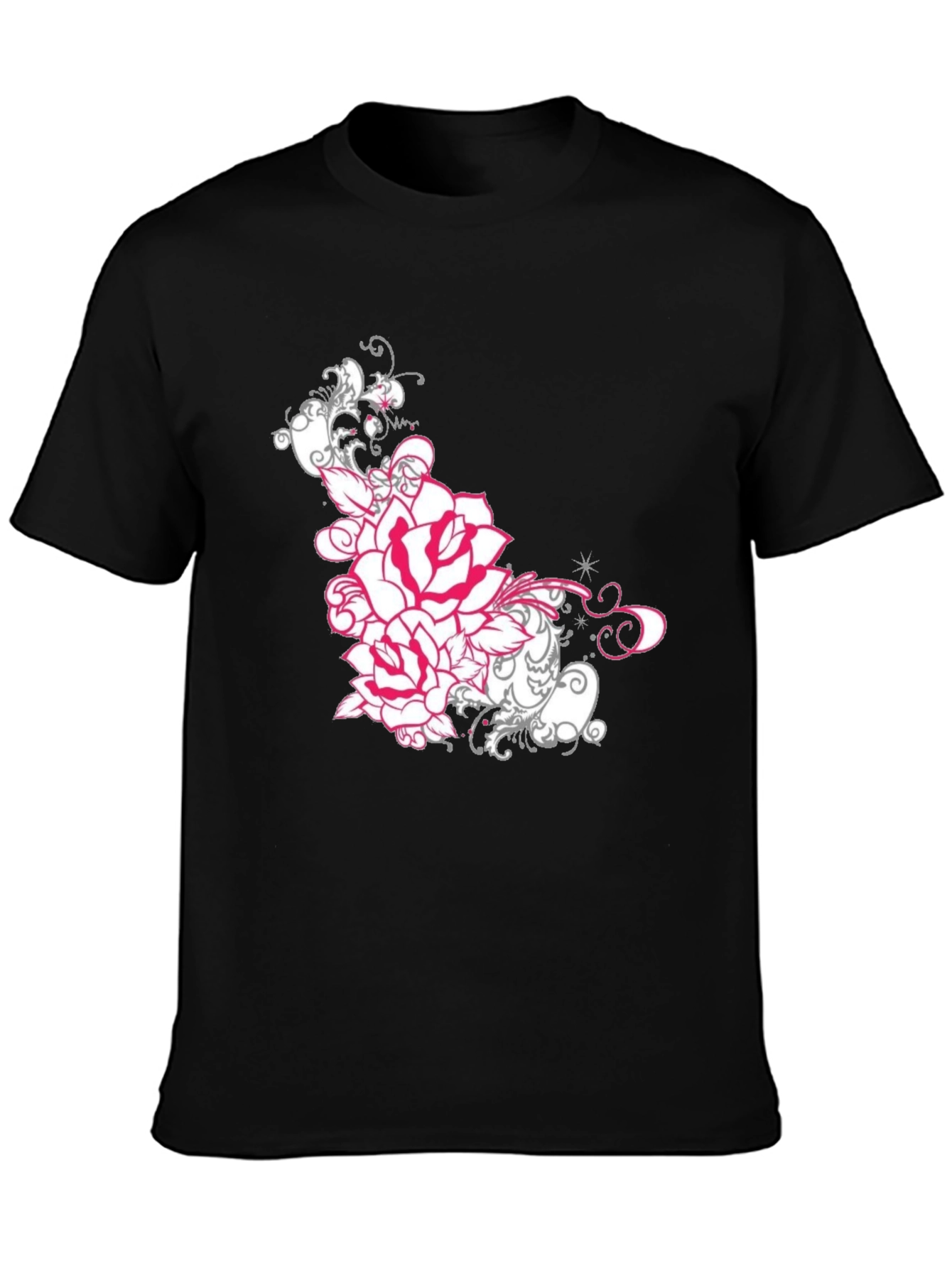 Black Floral Rose Graphic Tee - Black Cotton T-Shirt view 3
