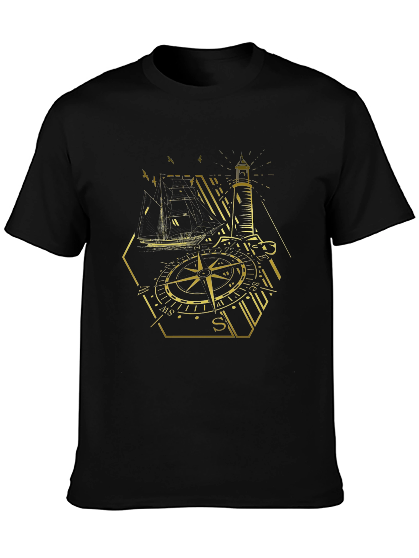 Black Nautical Compass Lighthouse Graphic Tee - Black view 3