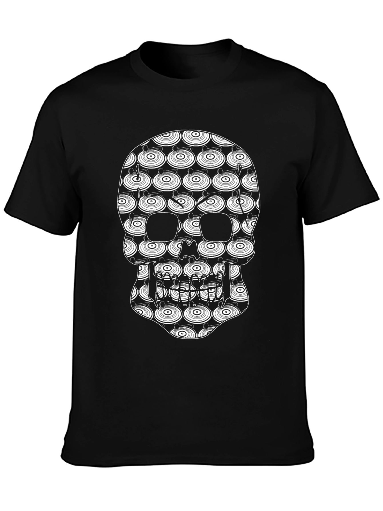 Black Skull Vinyl Record Pattern Black T-Shirt view 3